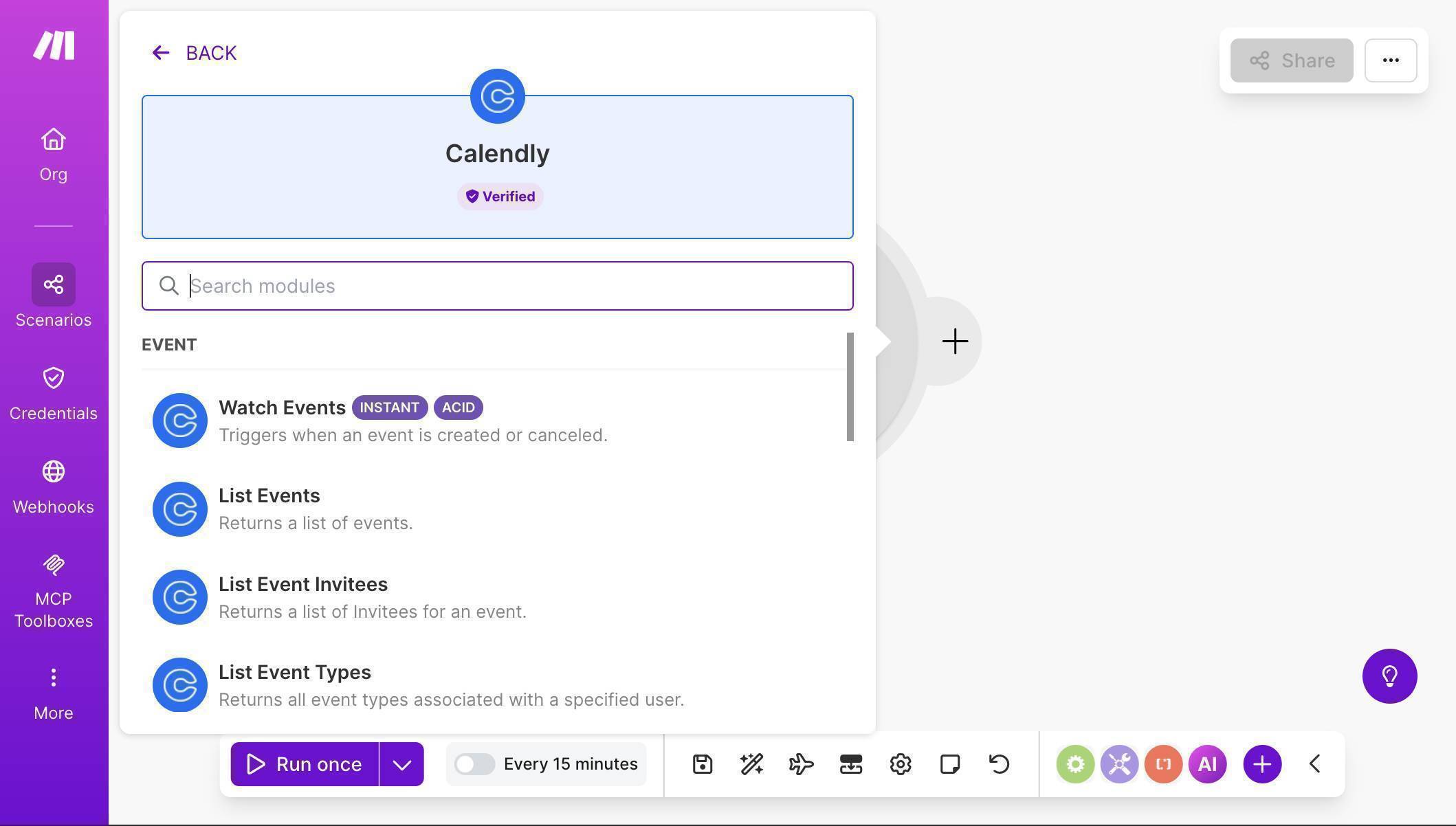 Calendly module picker — select Watch Events as the trigger