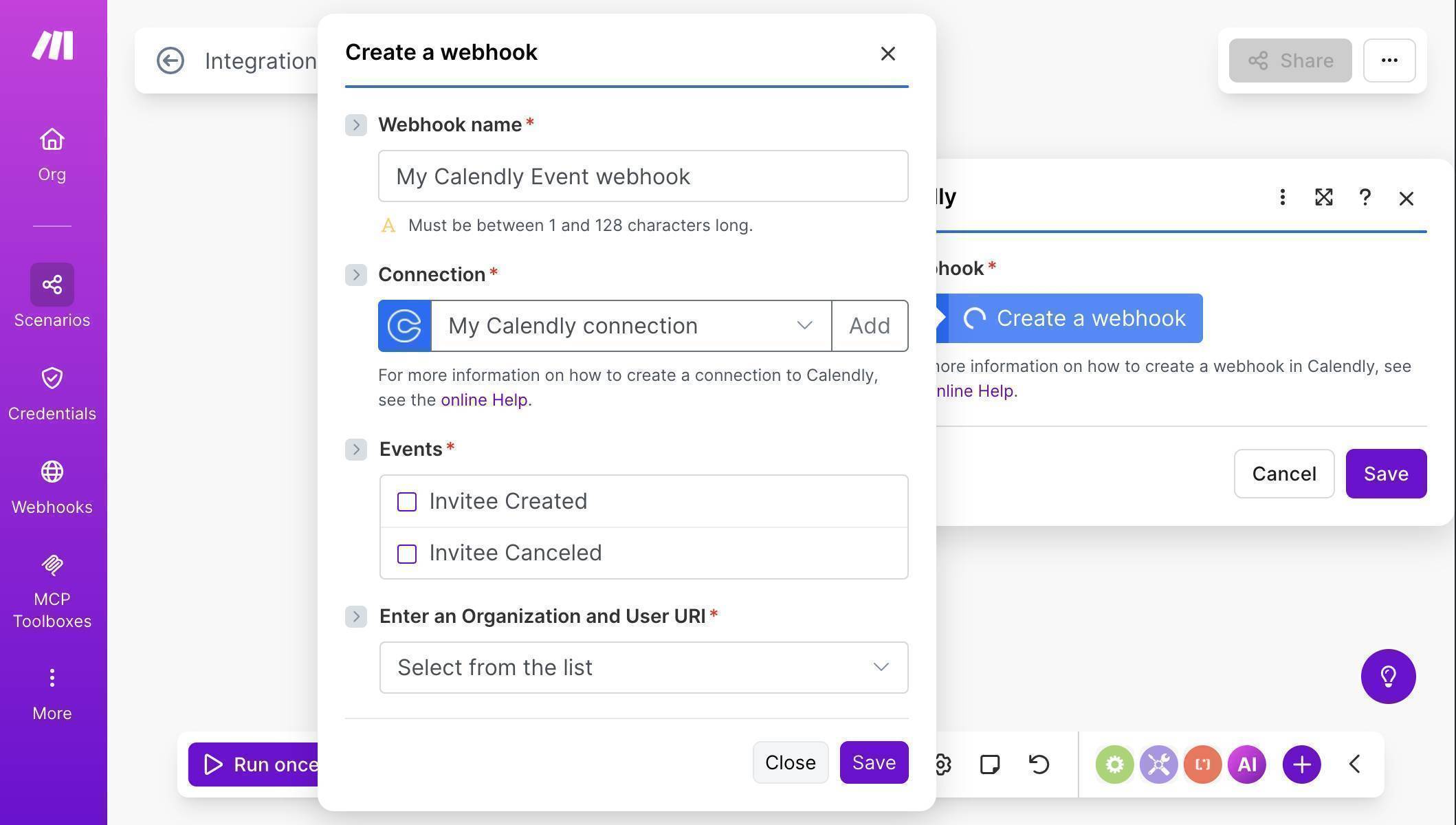 Webhook configuration — Connection established, Events and Organization URI fields visible