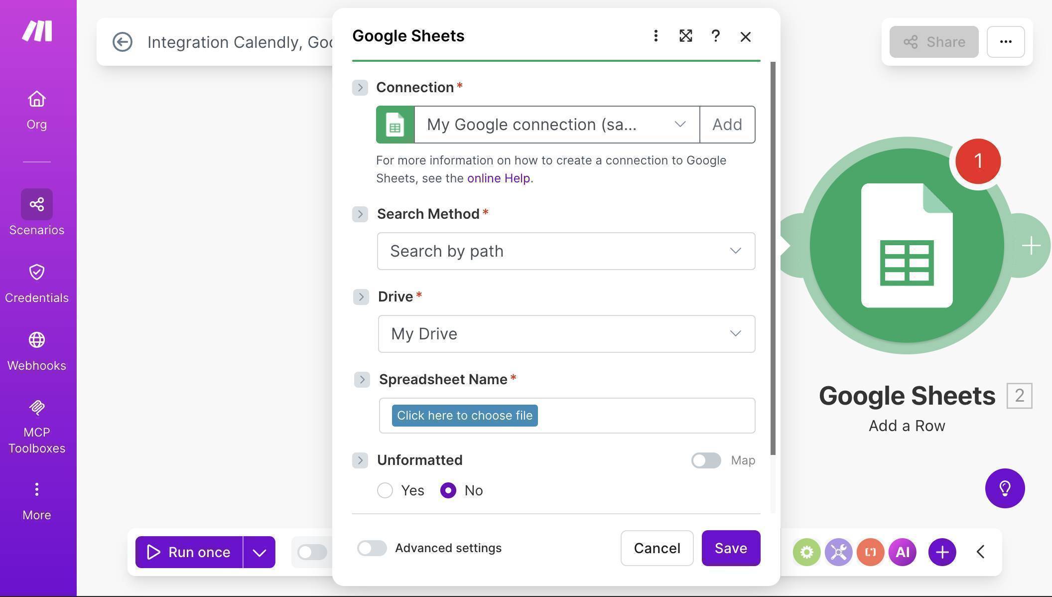 Google Sheets connection — Search by path, My Drive, click to choose spreadsheet