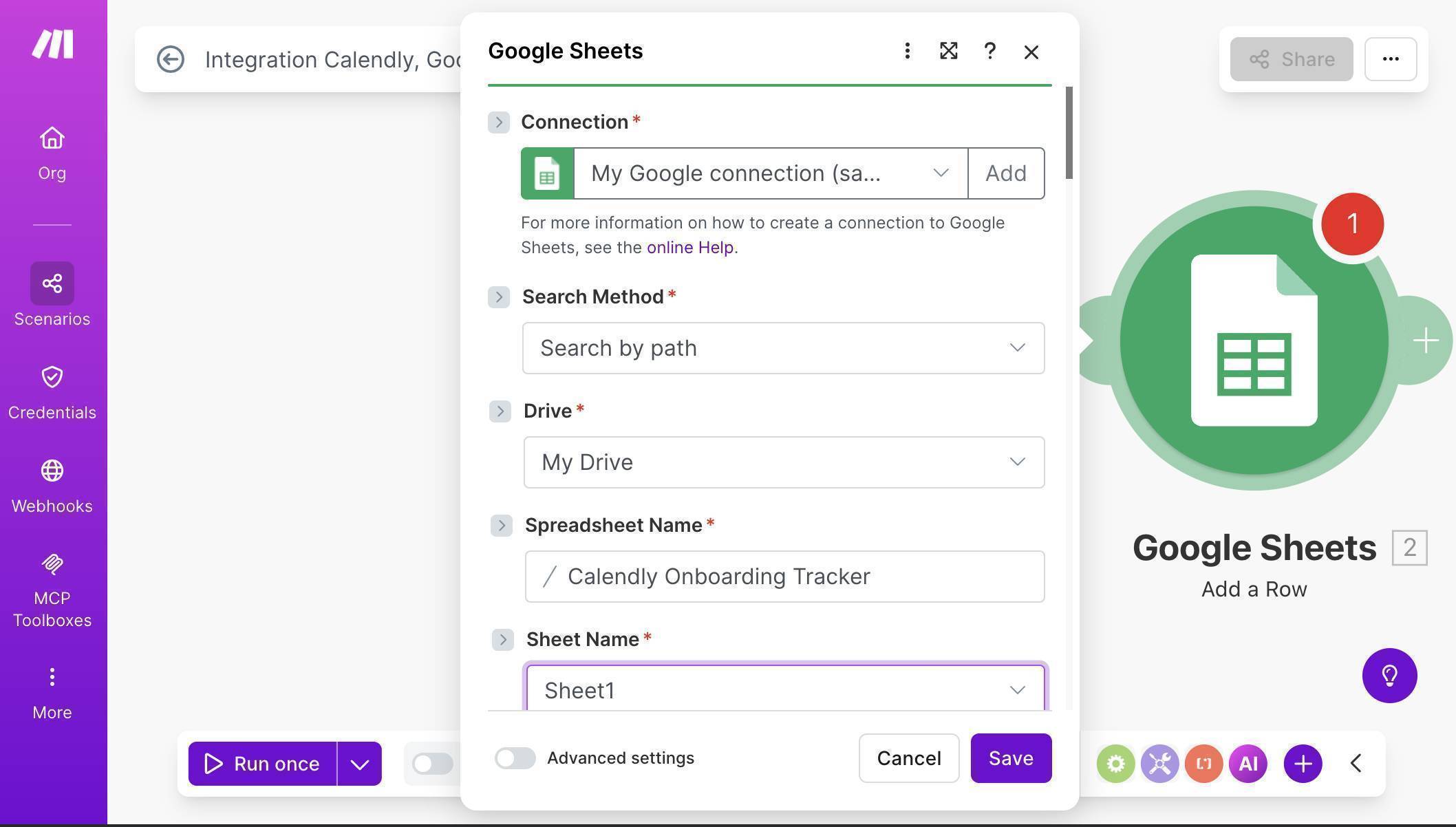 Google Sheets configured — Calendly Onboarding Tracker spreadsheet selected with Sheet1