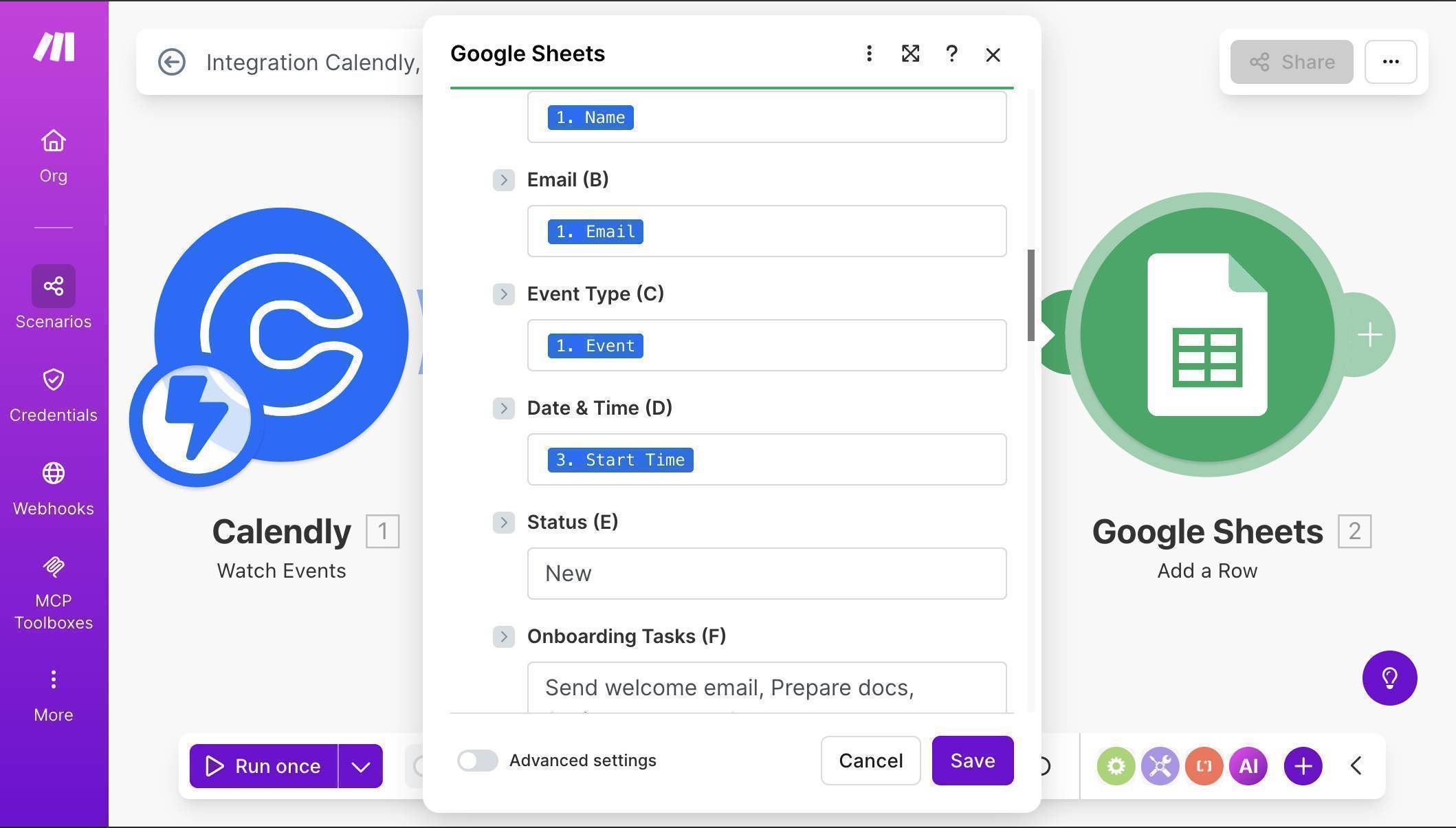 Field mapping — Calendly data mapped to Google Sheets columns with static onboarding tasks
