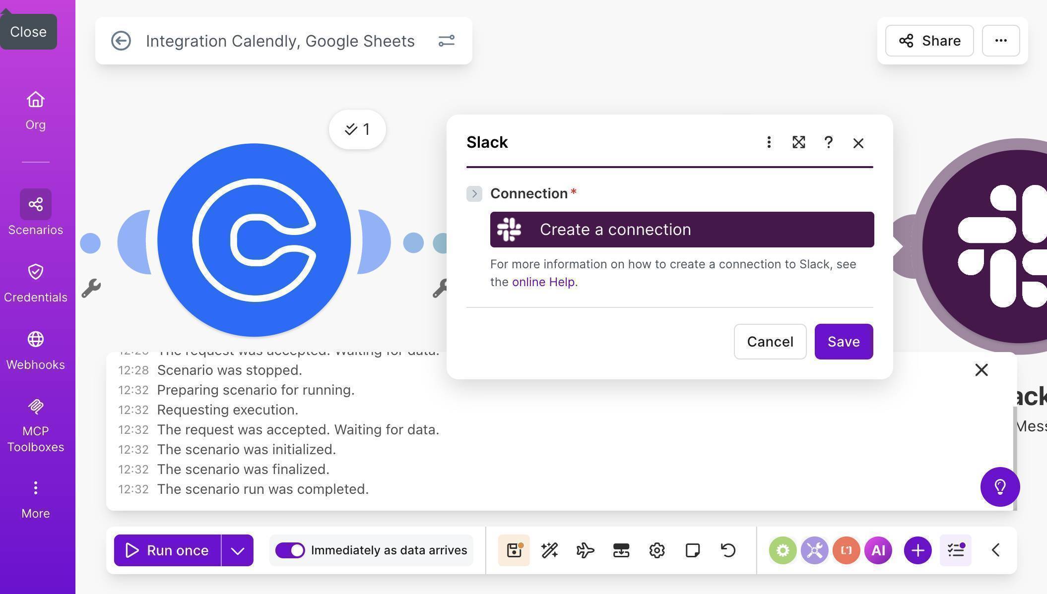 Slack module — Create a connection to authorize your workspace