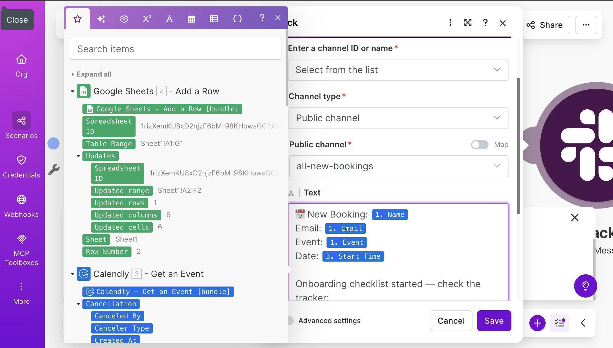 Slack message body with mapped fields — New Booking notification with Name, Email, Event, Date and tracker link