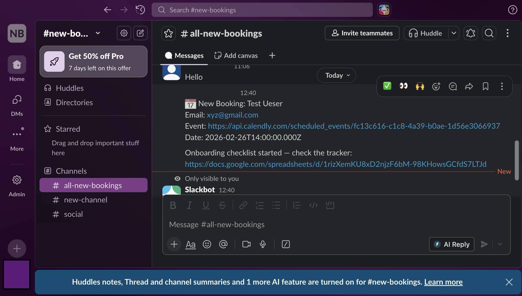 Slack notification received in #all-new-bookings channel with booking details and tracker link