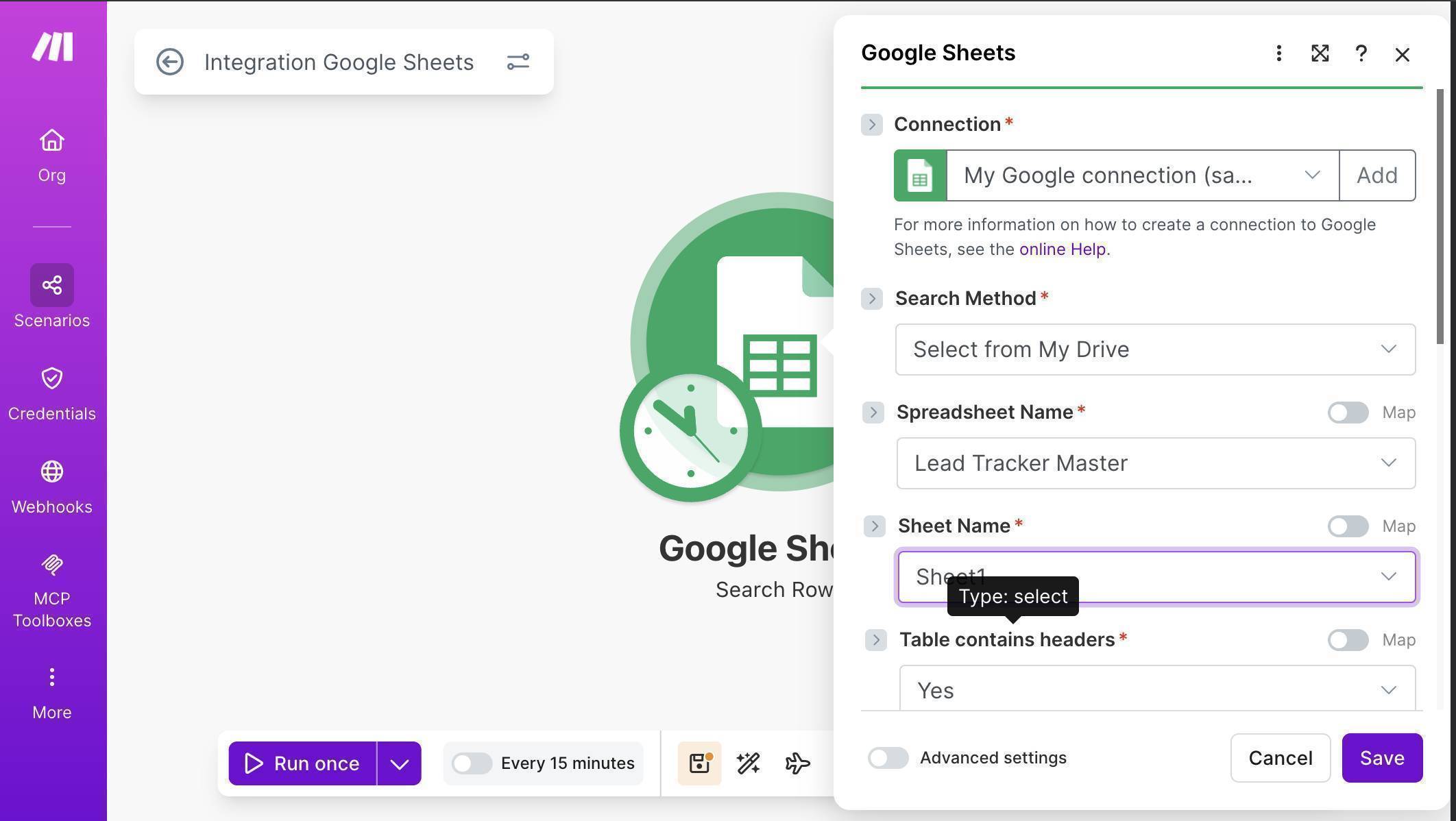 Google Sheets Search Rows — Lead Tracker Master spreadsheet selected with Sheet1