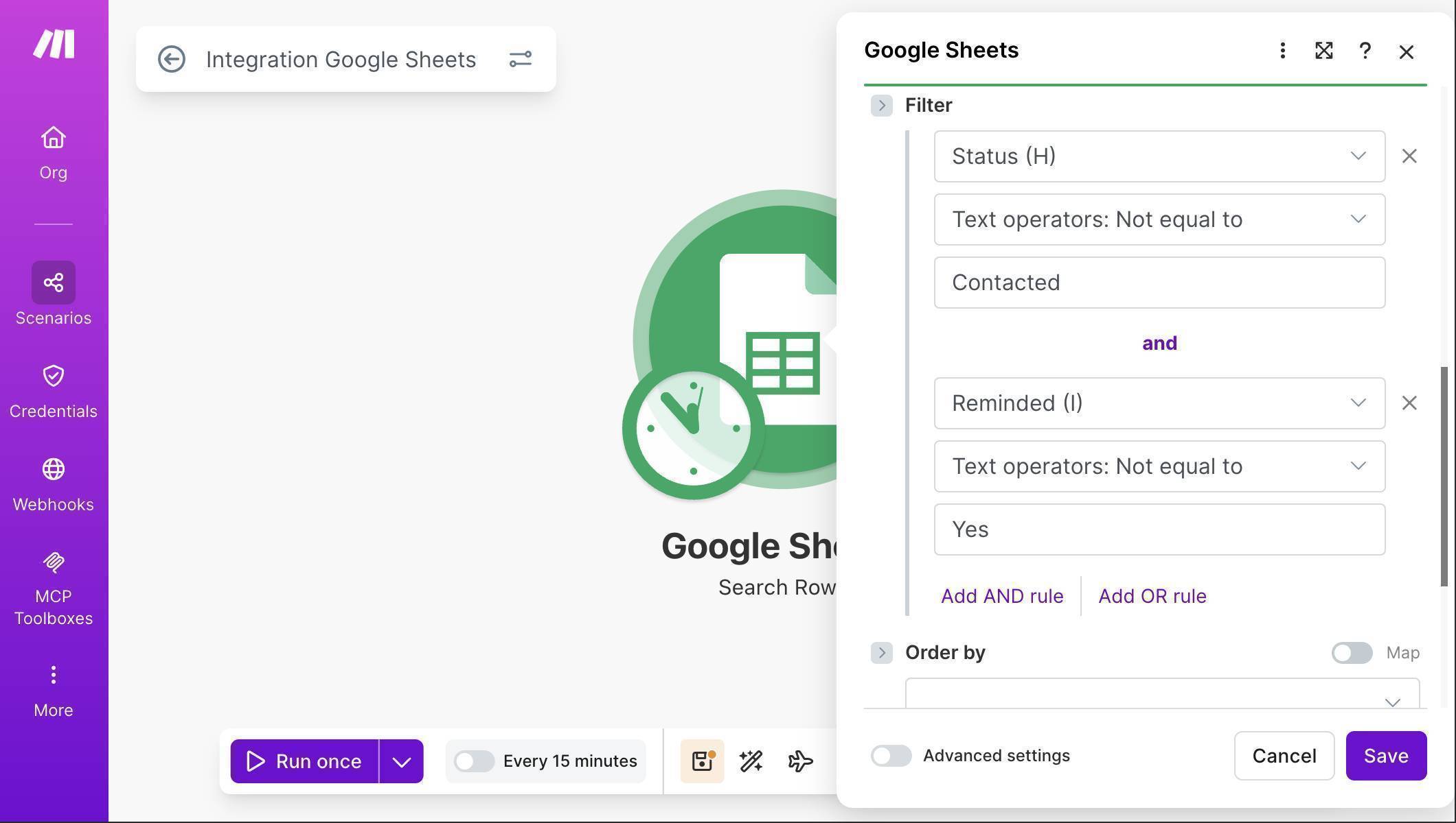 Search Rows filter — Status not equal to Contacted AND Reminded not equal to Yes