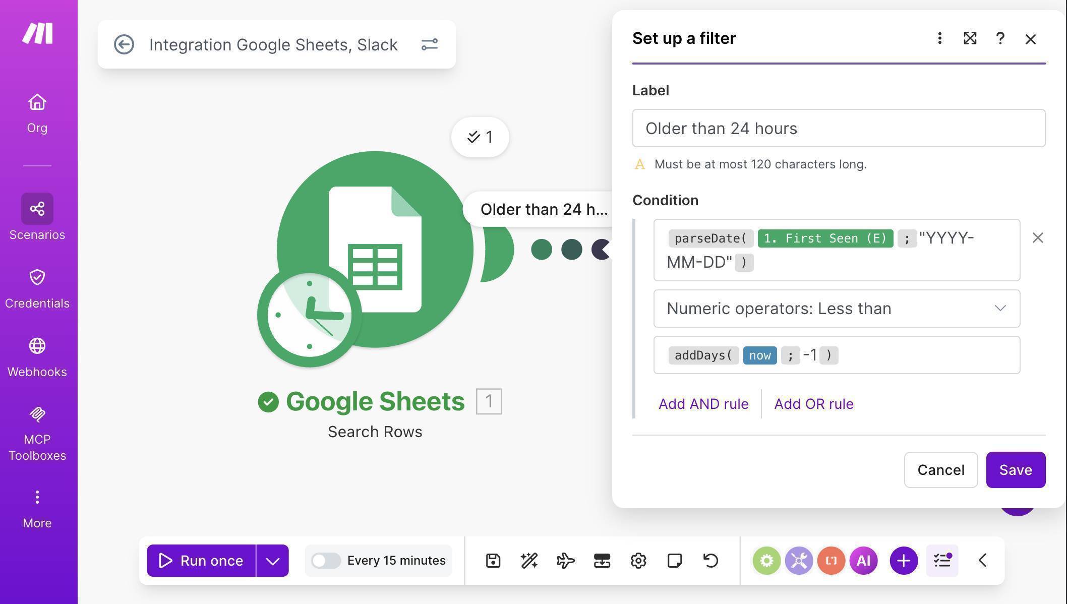 Make.com filter — parseDate formula comparing First Seen to addDays now minus 1