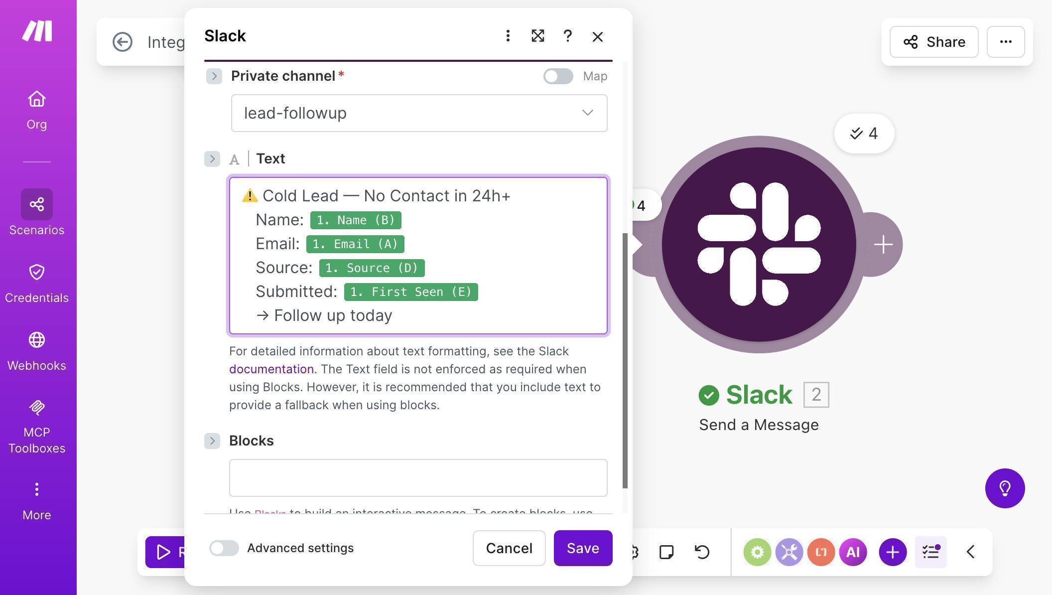 Slack message body with mapped fields — Cold Lead alert with Name, Email, Source and First Seen date