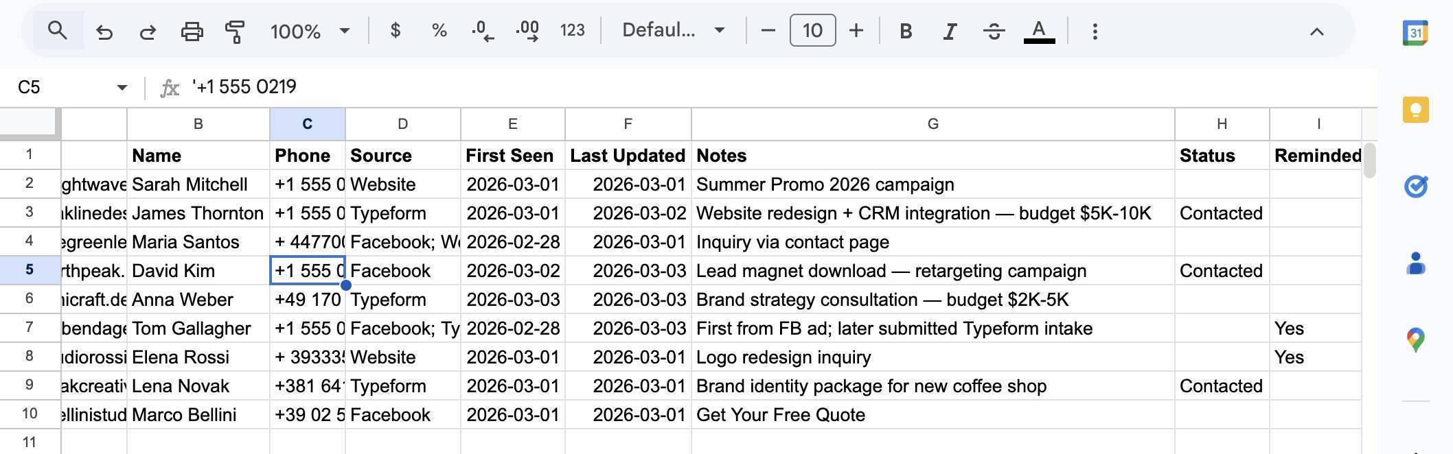 Google Sheet before test — leads with Status and Reminded columns ready for automation