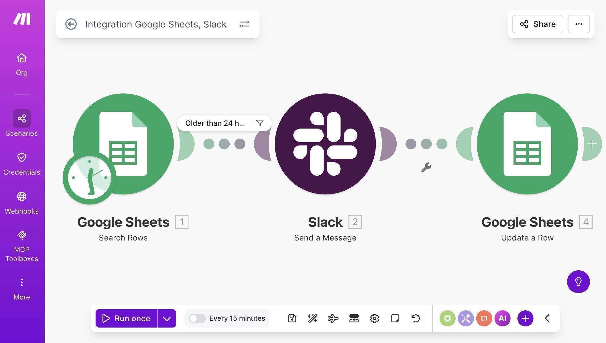 Complete Make.com scenario — Search Rows, filter, Slack, and Update a Row connected