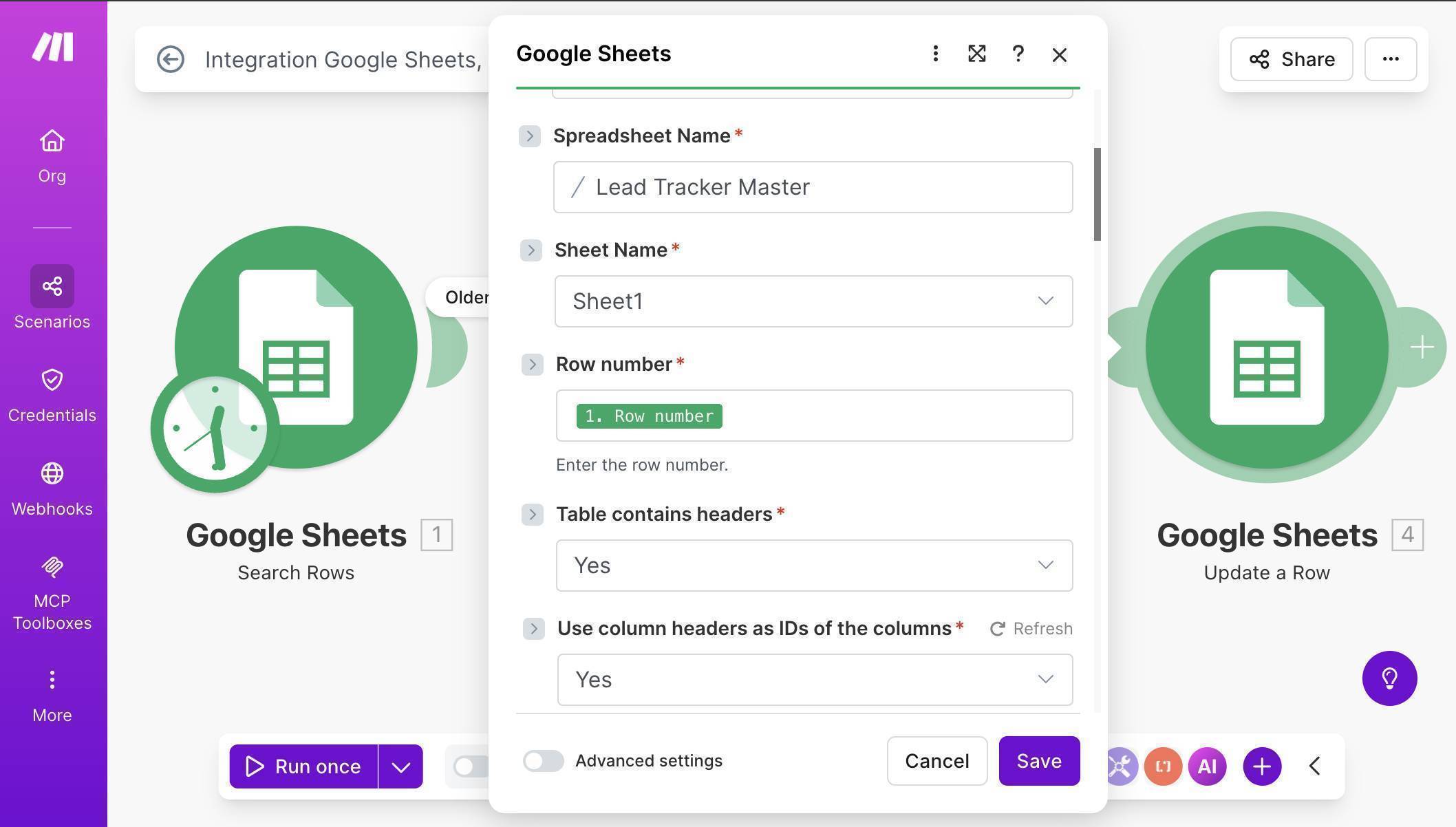 Google Sheets Update a Row — Row number mapped, Lead Tracker Master selected