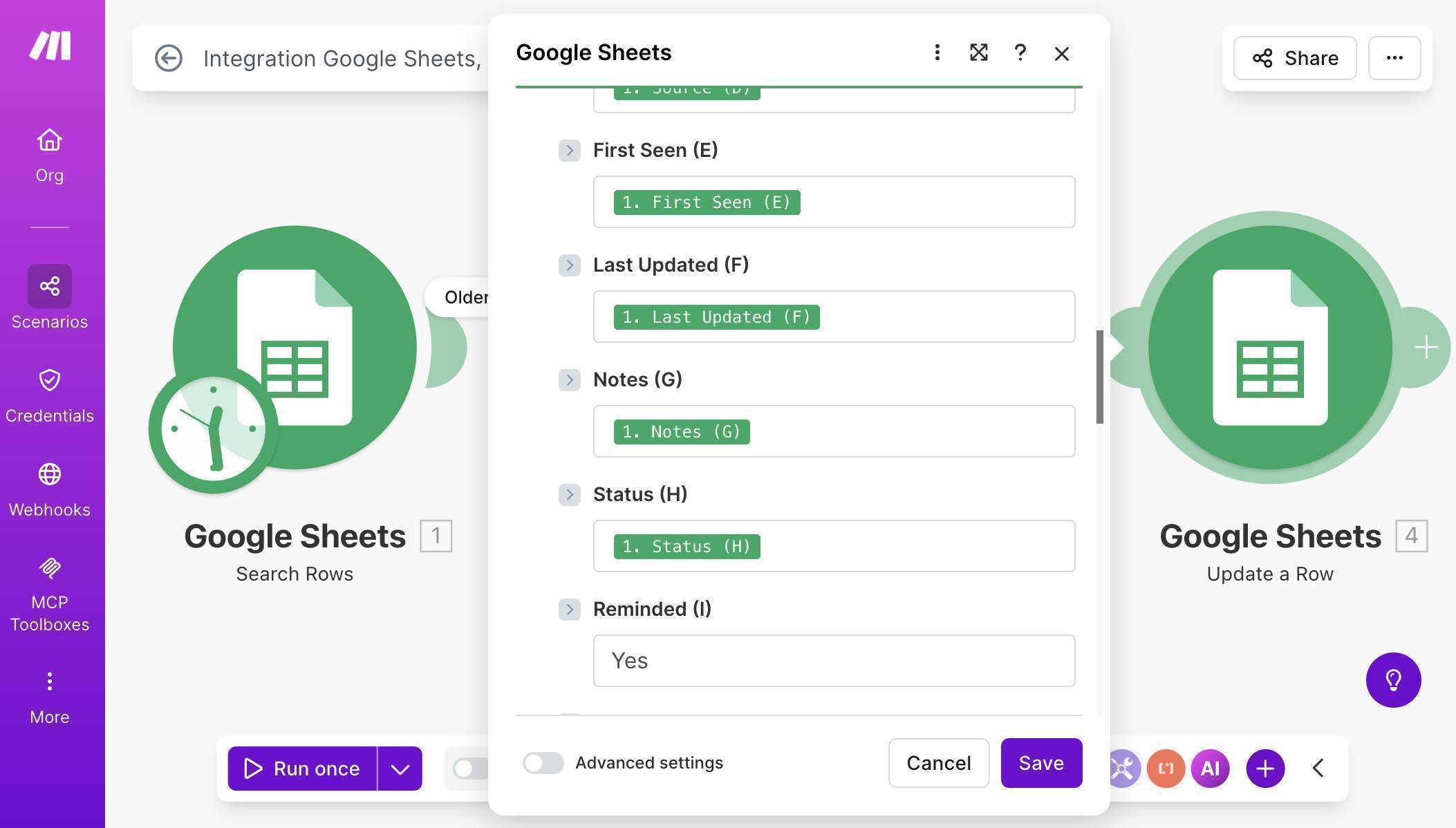 Update a Row field mapping — all columns preserved from Search Rows, Reminded set to Yes
