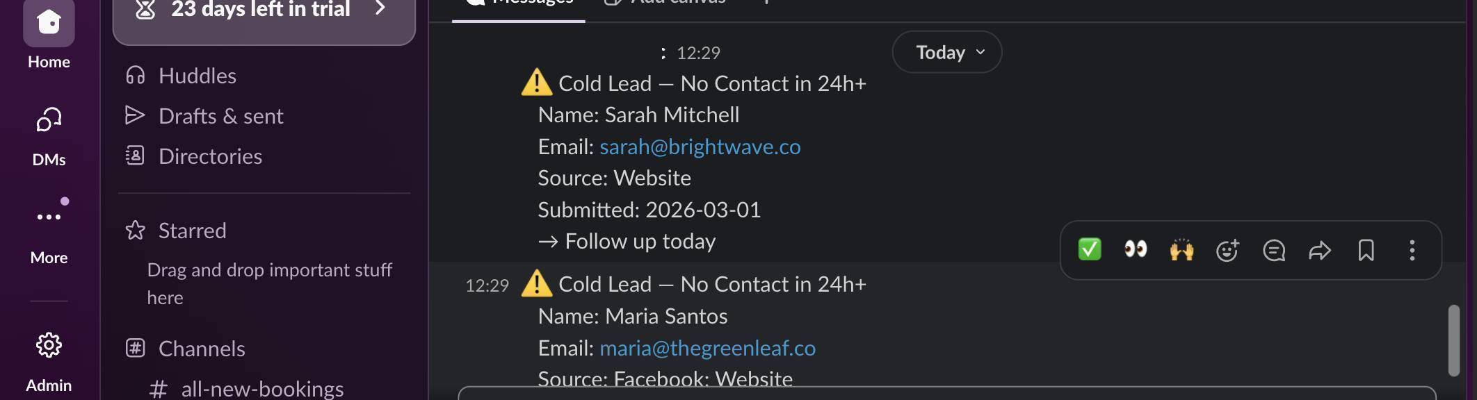 Slack notifications received in #lead-followup — two cold lead alerts with full details