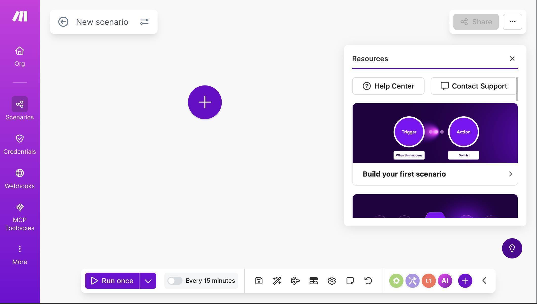Make.com scenario editor — empty canvas ready to build