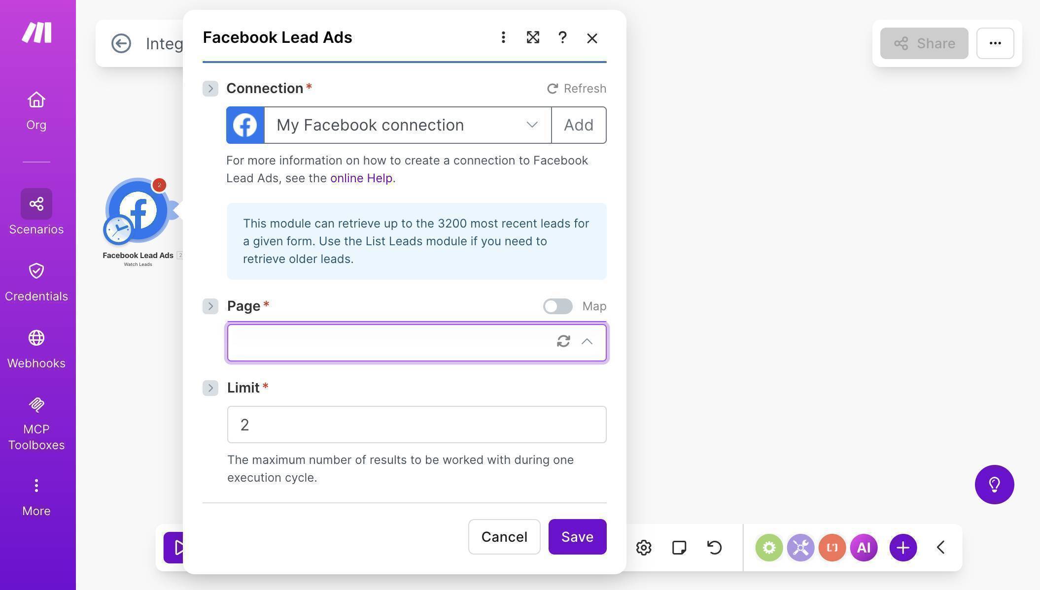 Facebook Lead Ads configuration — Connection and Page selection