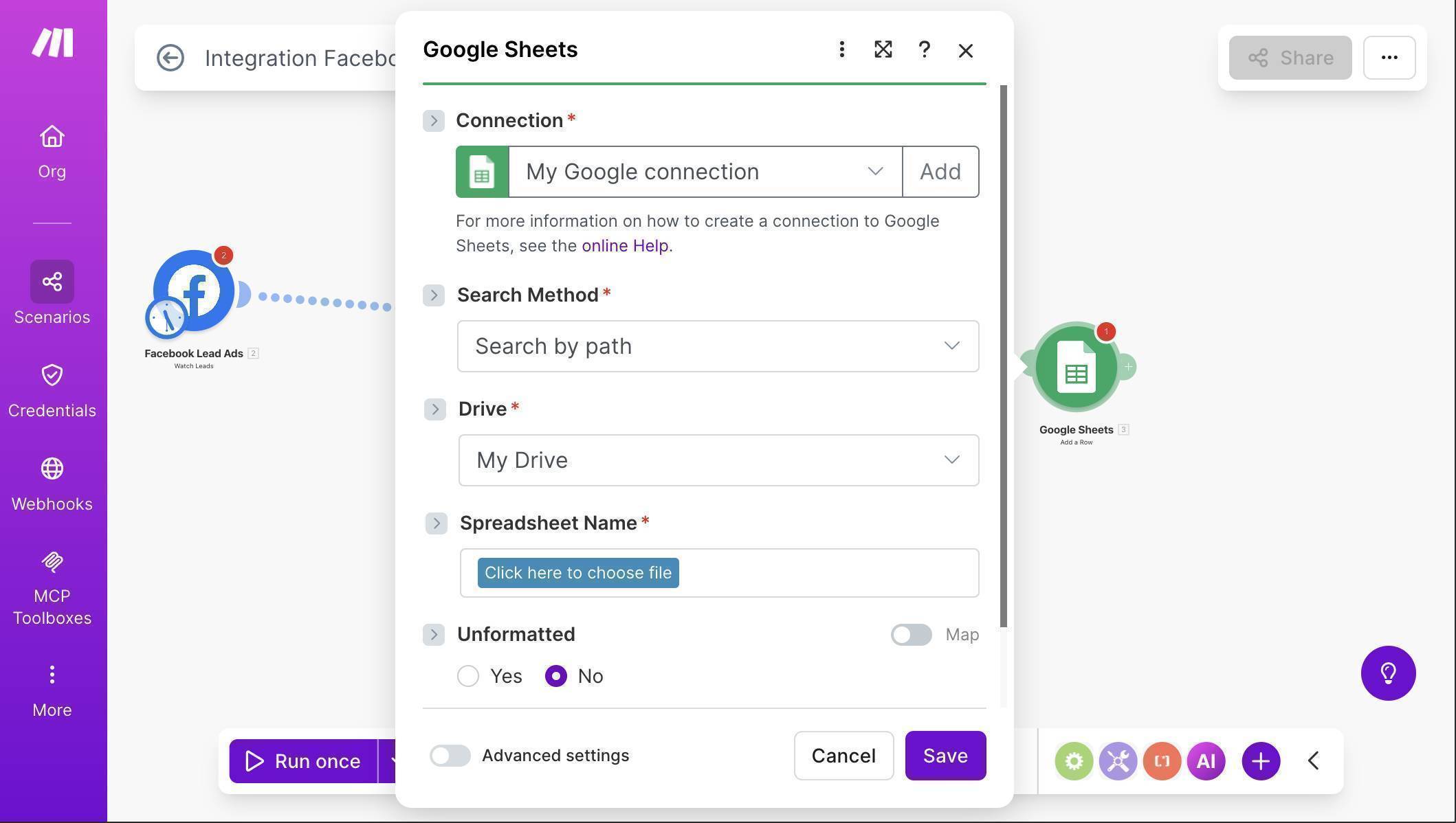 Google Sheets module connected to Facebook Lead Ads in the scenario canvas
