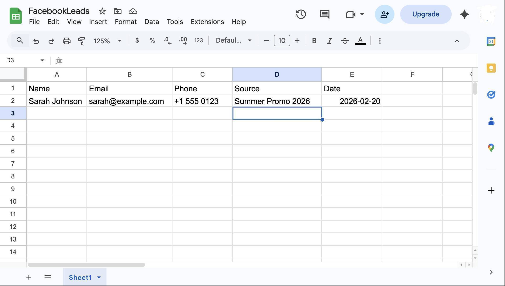 Completed Google Sheet with live lead data — Name, Email, Phone, Source and Date columns populated automatically