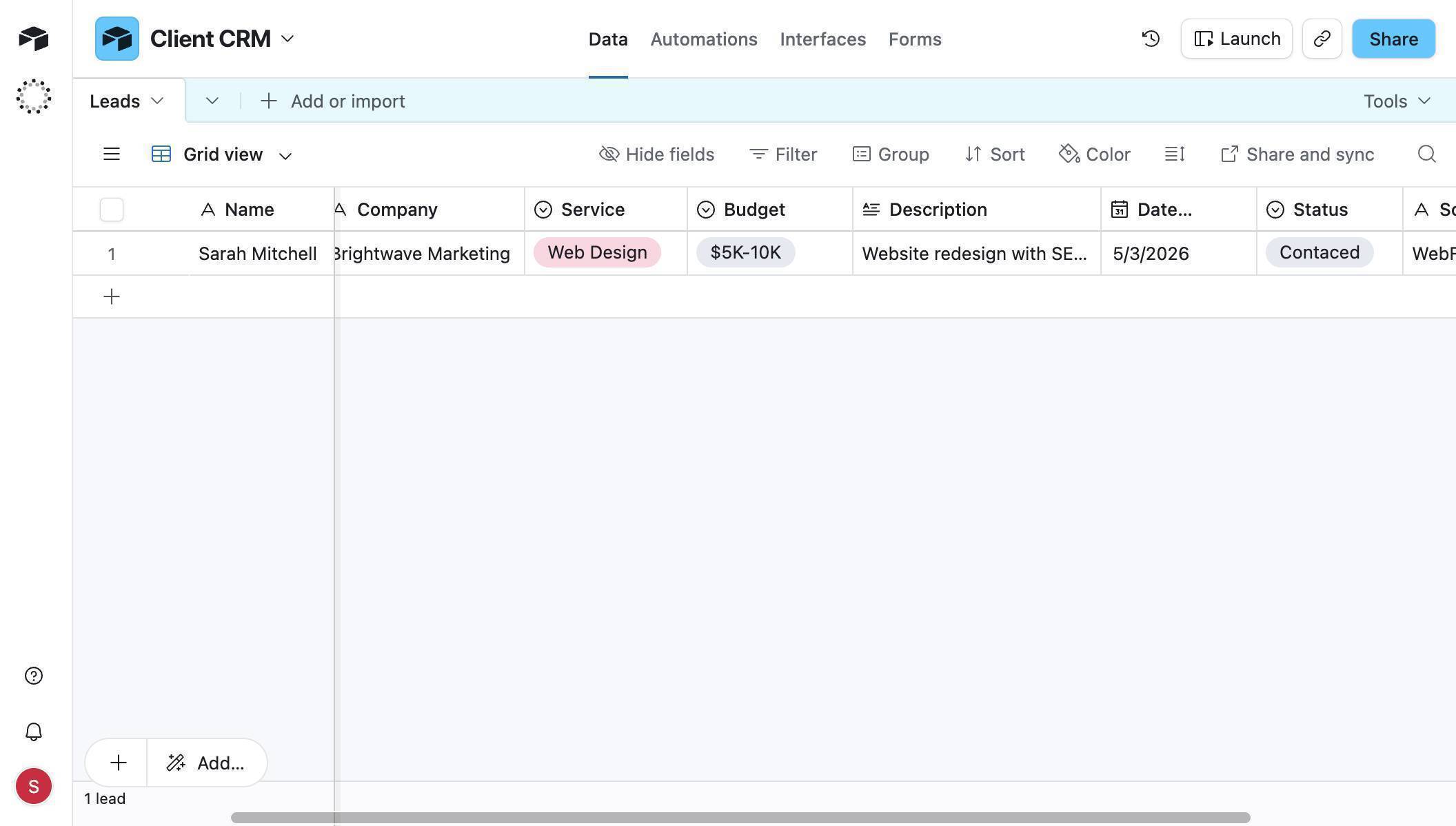 Airtable Client CRM — Leads table with structured columns for client tracking