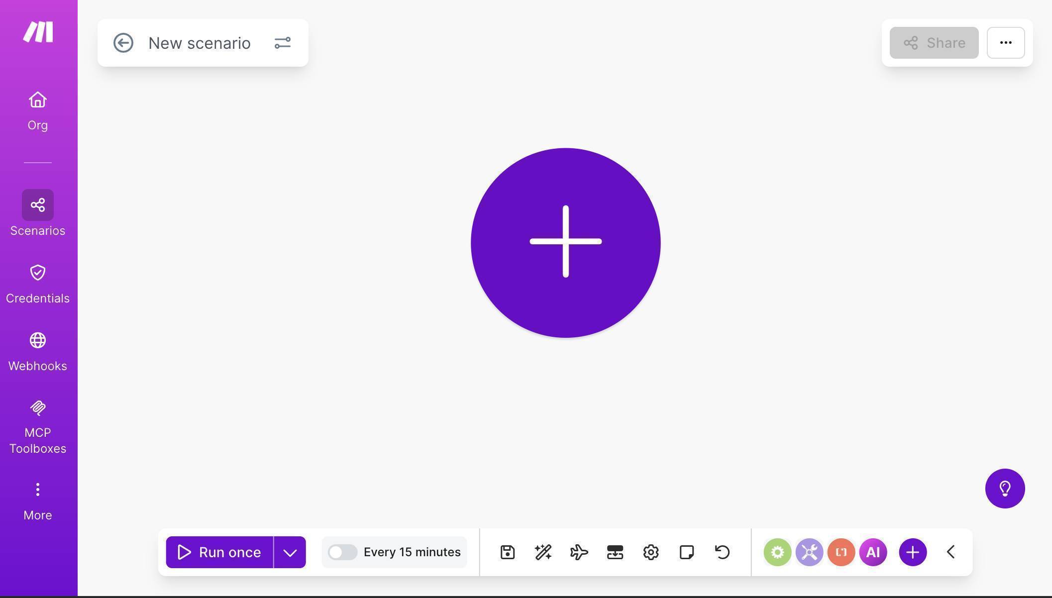 Make.com scenario canvas — empty canvas ready to build a new automation