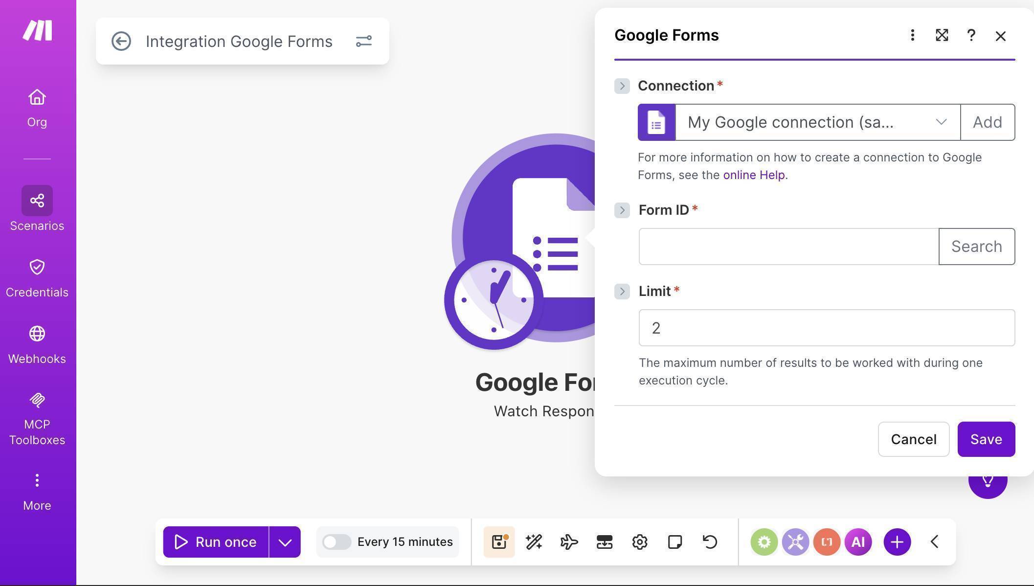 Make.com Google Forms module — Watch Responses with connection and Form ID fields