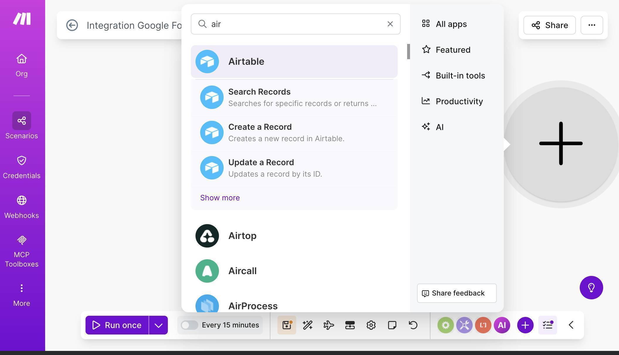 Make.com module search — Airtable app with Create a Record option