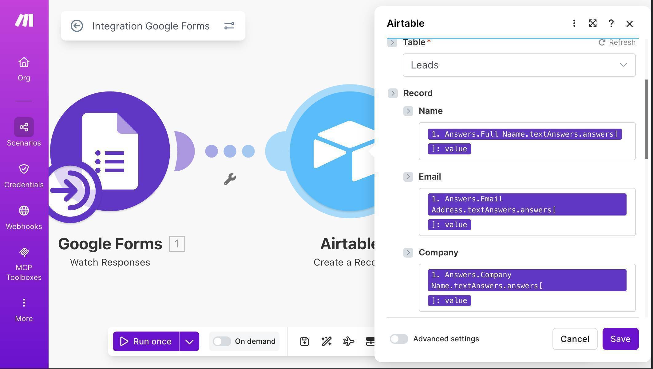 Make.com Airtable field mapping — Service, Budget, Description mapped with Date Added and Status fields