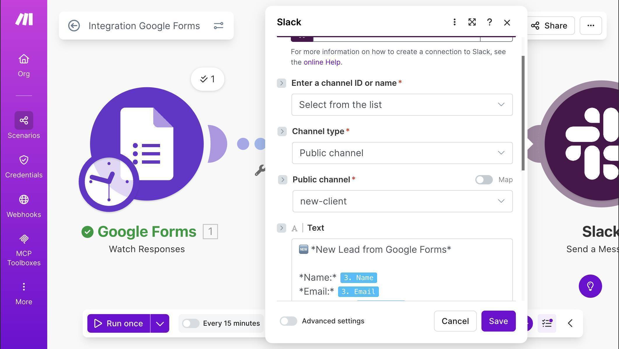 Make.com Slack module — channel selected and message template with mapped client fields