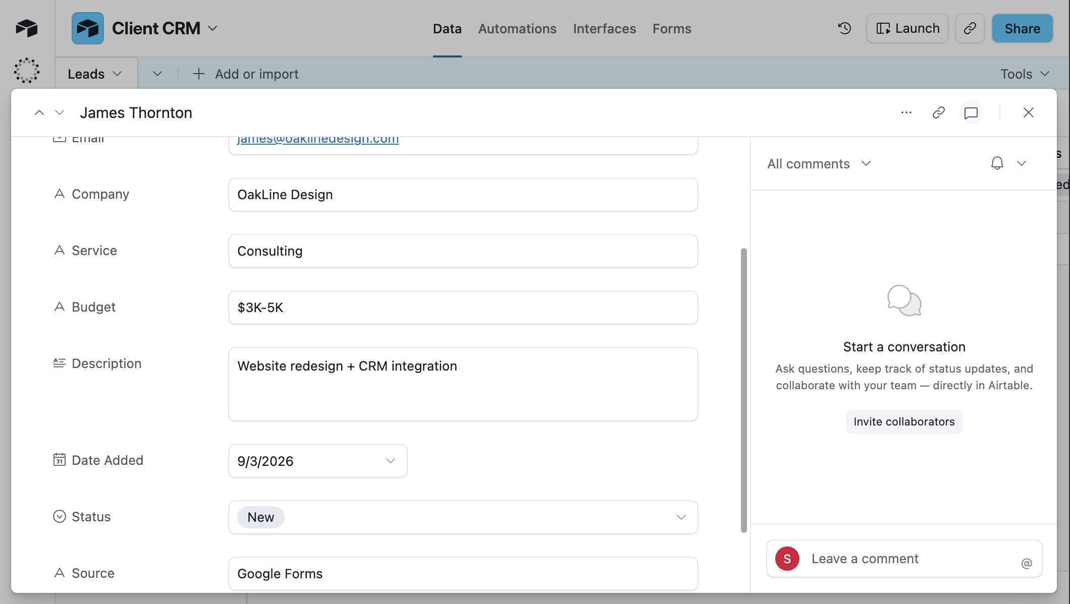 Airtable record detail — James Thornton with all fields populated and Status set to New