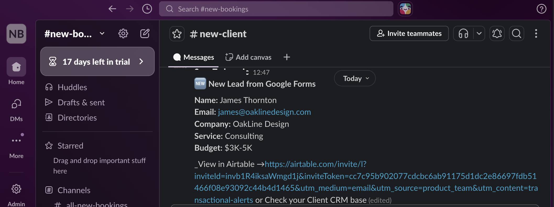 Slack new lead notification — client details from Google Forms displayed in team channel