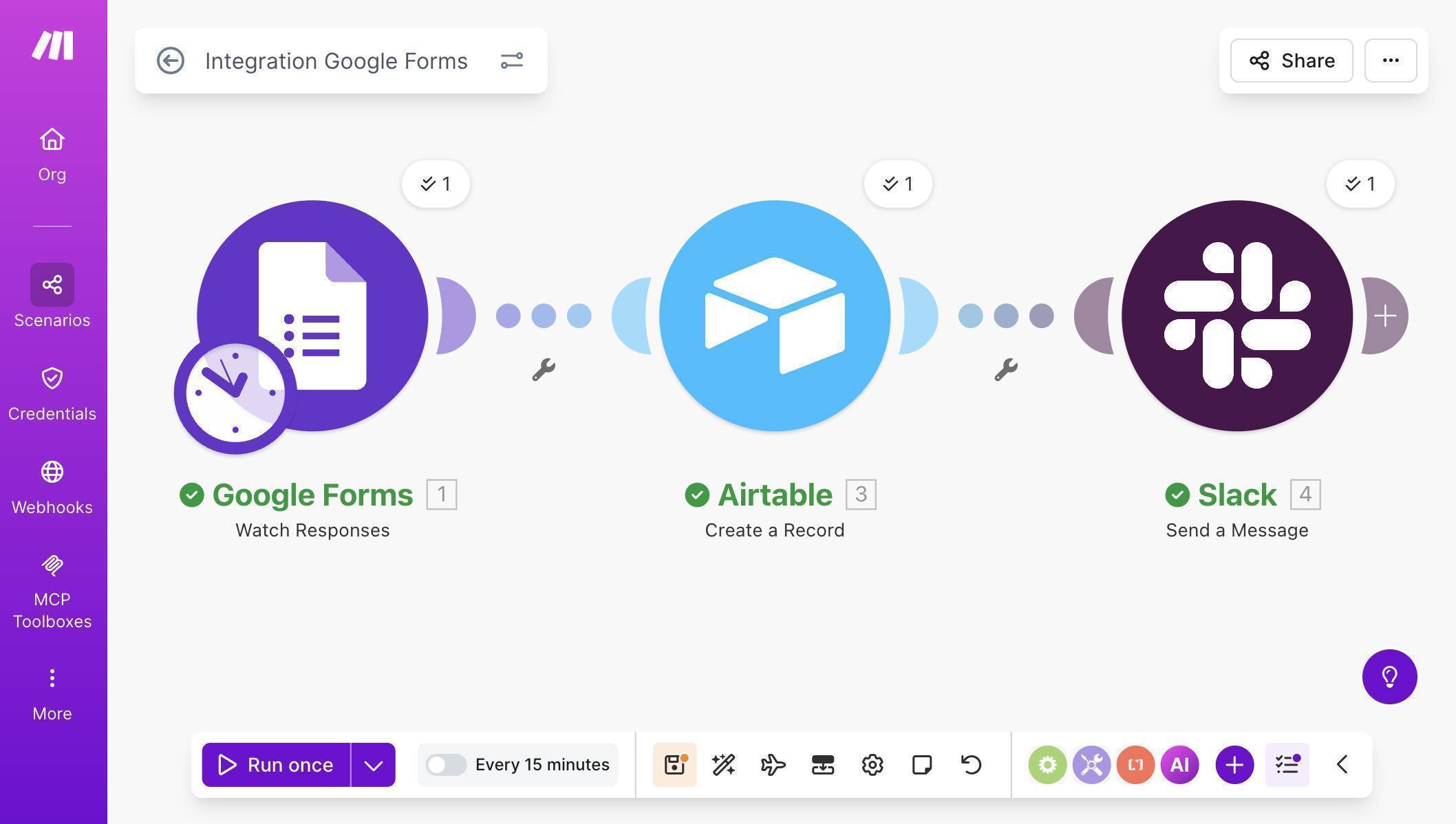 Make.com Google Forms Airtable Slack automation — successful test run with green checkmarks