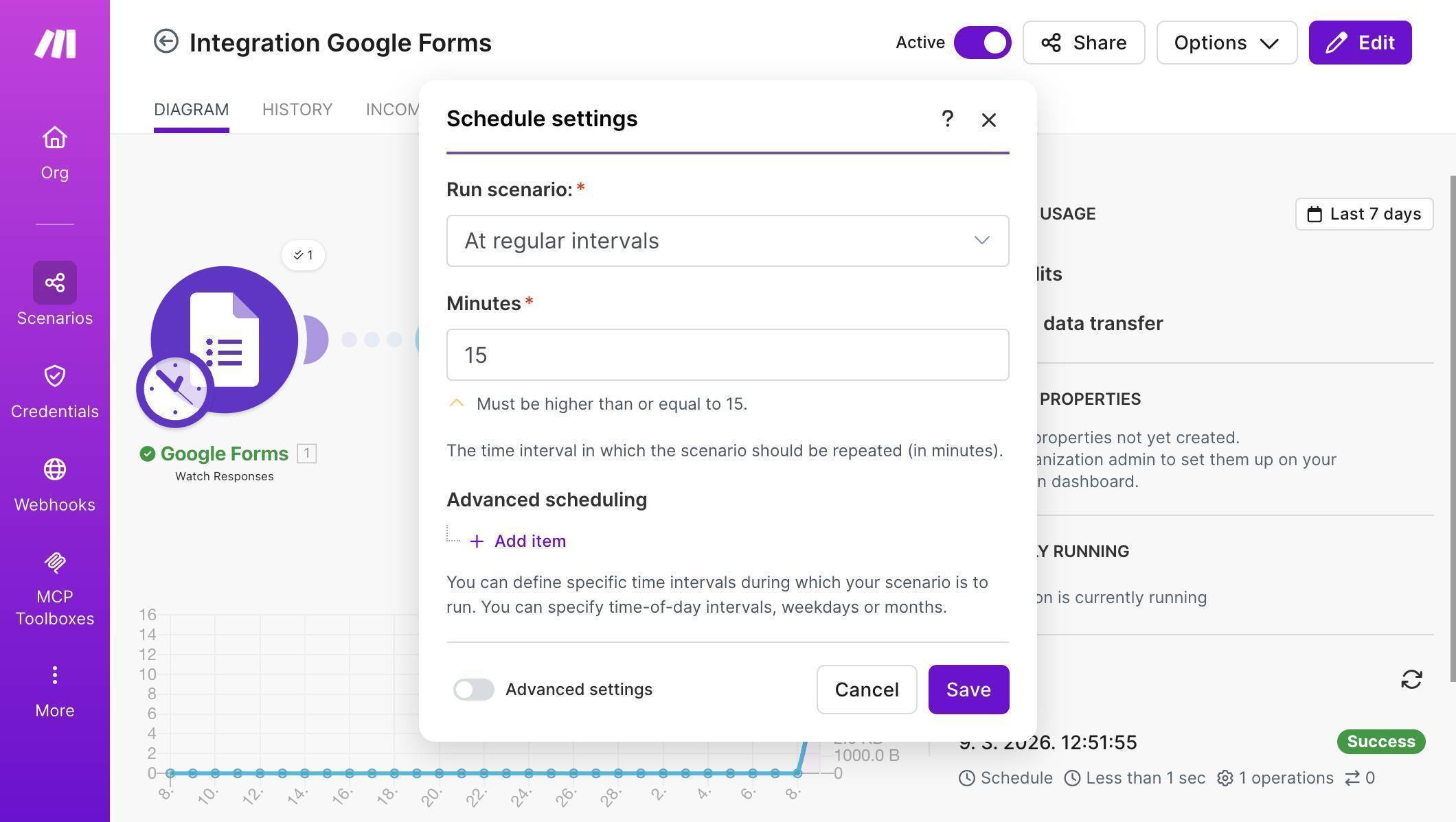 Make.com scenario scheduling — polling interval set to 15 minutes with Advanced scheduling option