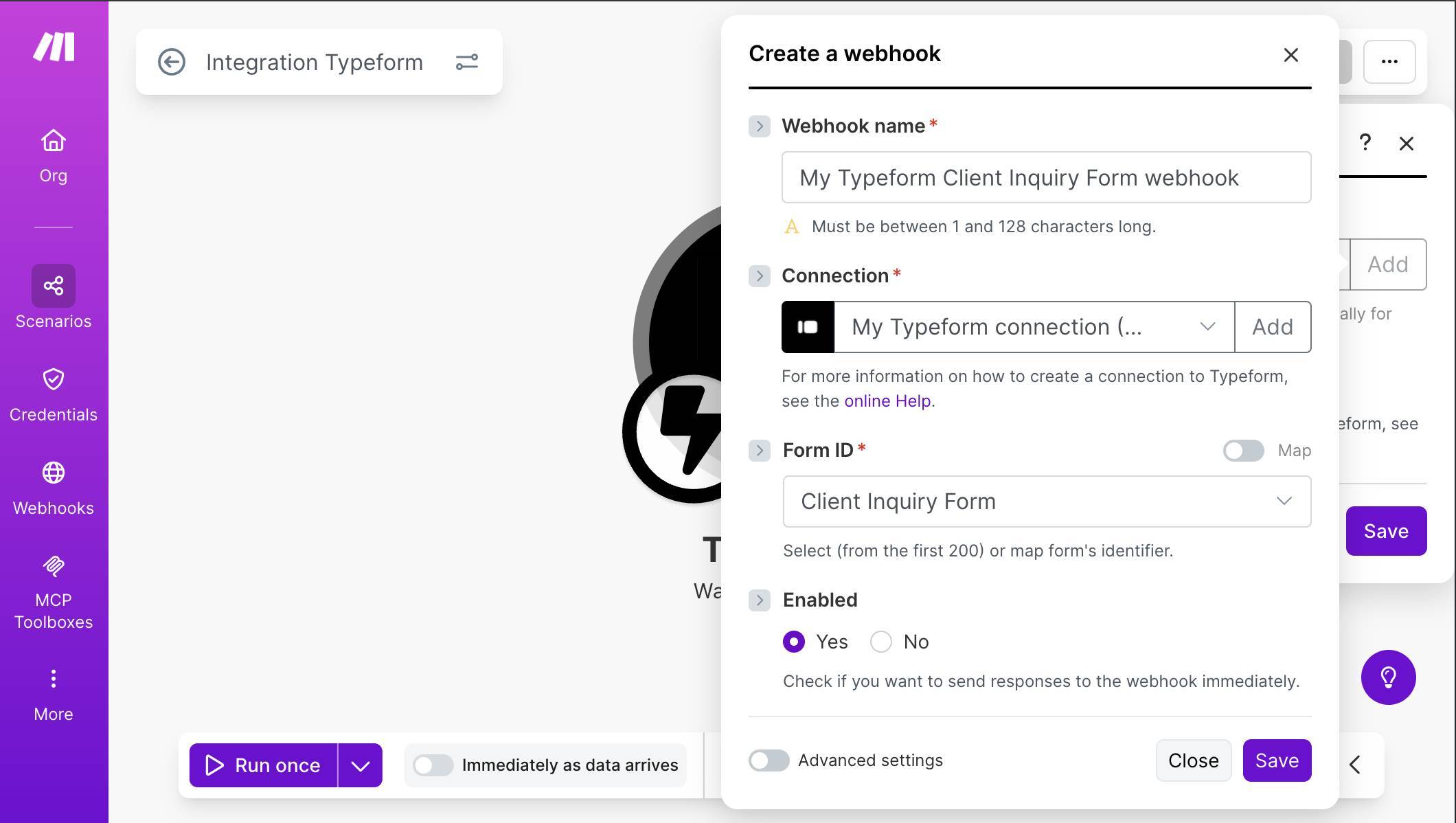 Typeform Watch Responses — webhook name, connection, form selected, Enabled set to Yes