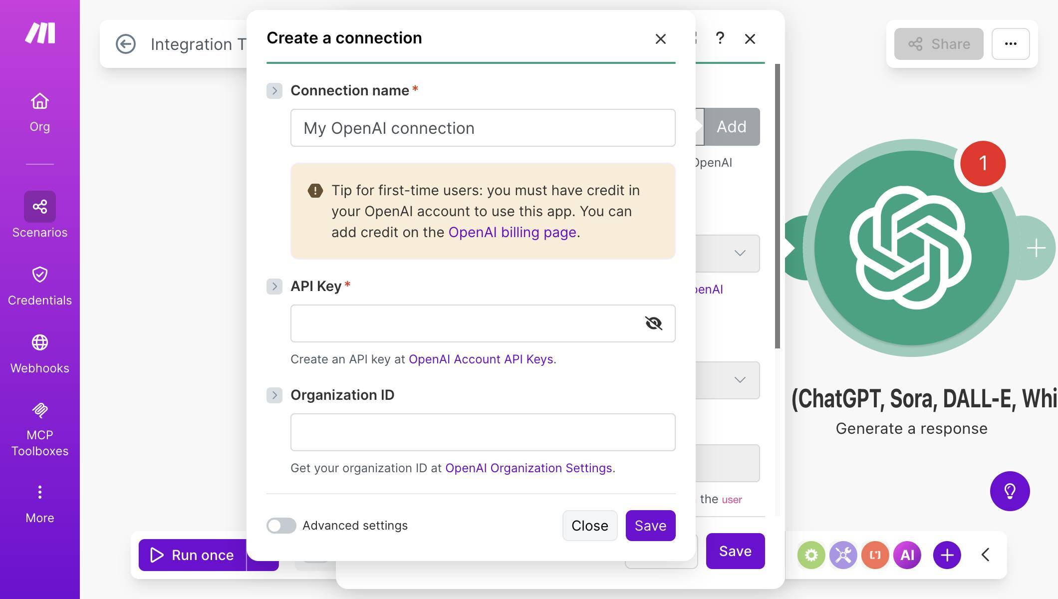 OpenAI connection setup — API Key field with link to OpenAI billing page for first-time users