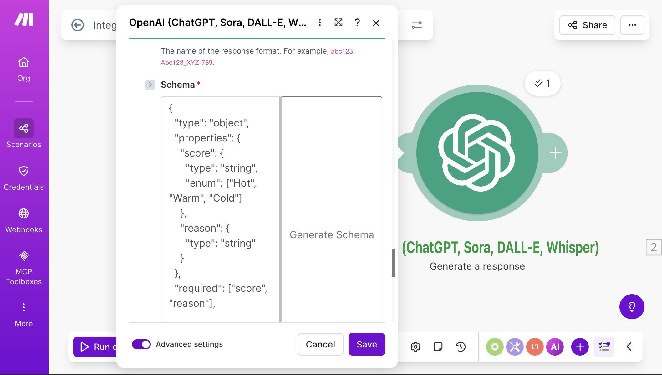 OpenAI Output Format — JSON Schema with score (enum: Hot, Warm, Cold) and reason (string) properties