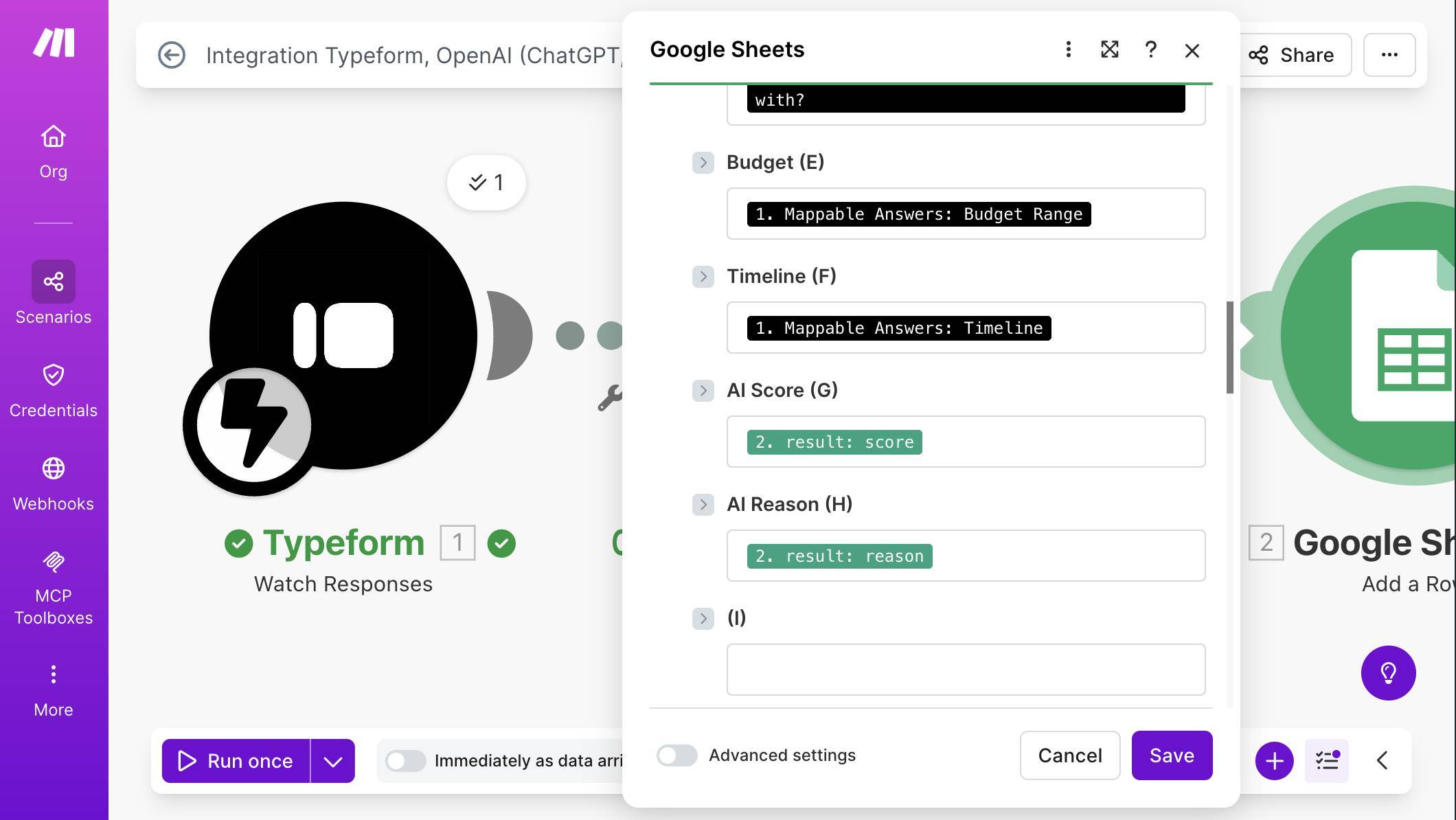Google Sheets column mapping — Budget, Timeline from Typeform, AI Score and AI Reason from OpenAI (module 2)