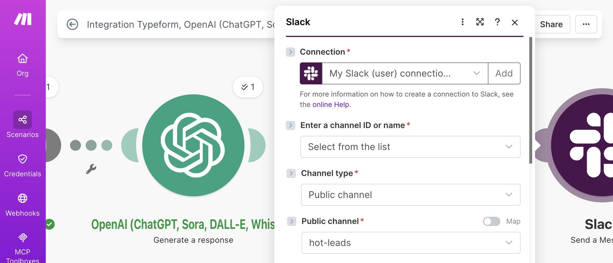 Slack module — connection, channel type, #hot-leads channel selected