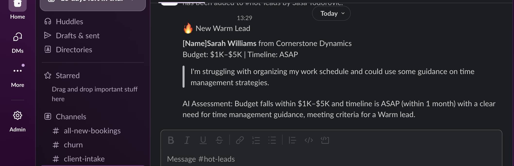 Slack notification — Warm lead with name, company, budget, timeline, request, and AI assessment