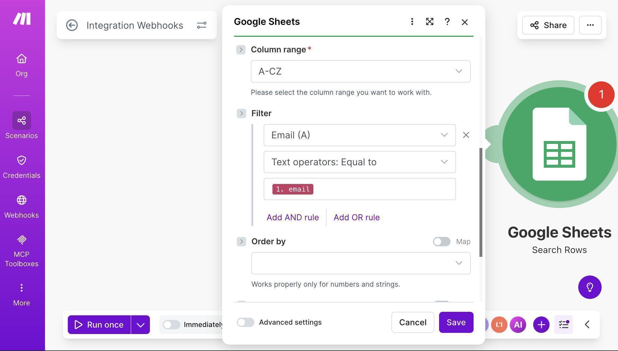 Search Rows filter — Email column A filtered by webhook email address using Text operators Equal to