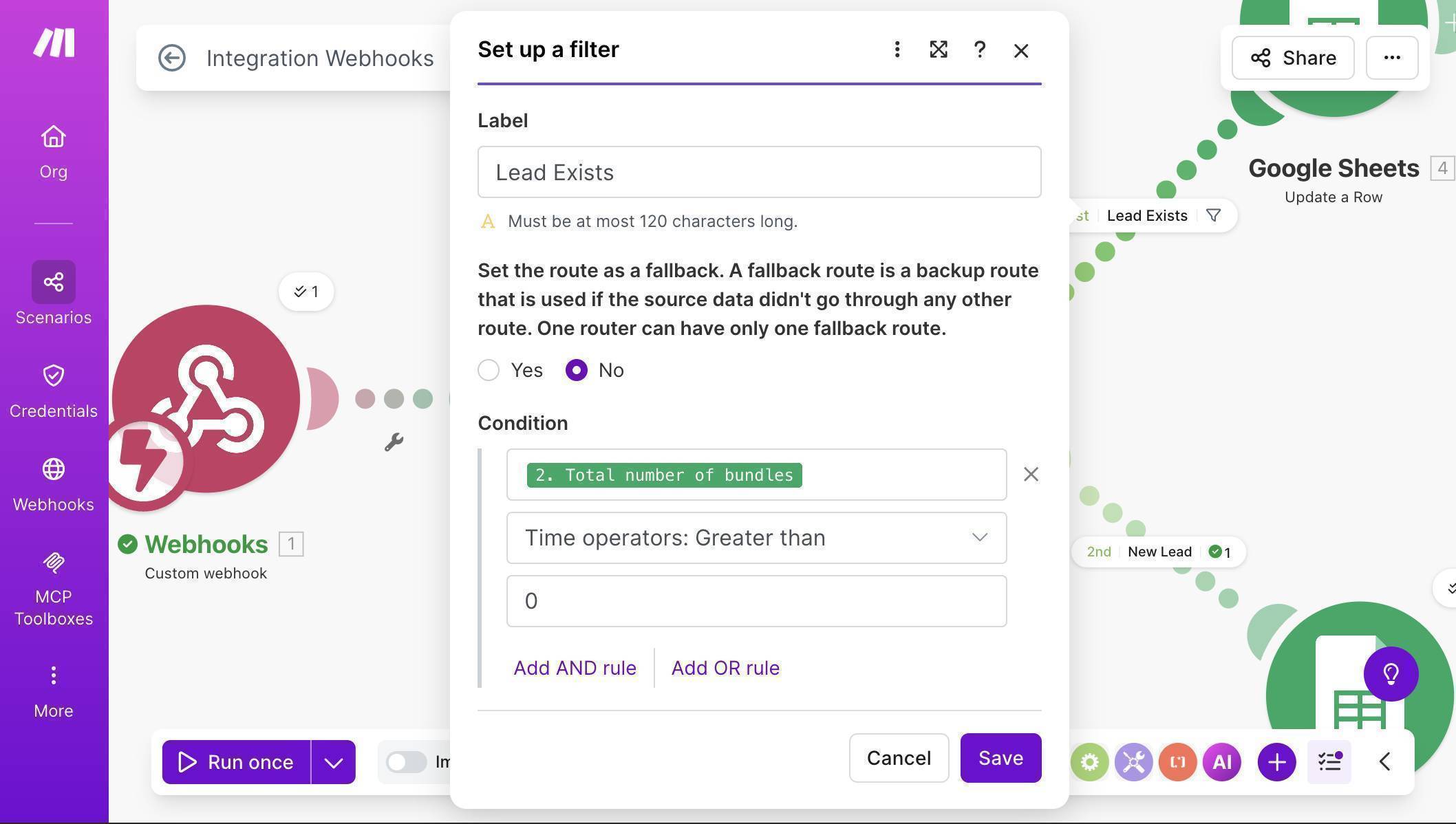Router filter — Lead Exists condition with Total number of bundles greater than 0