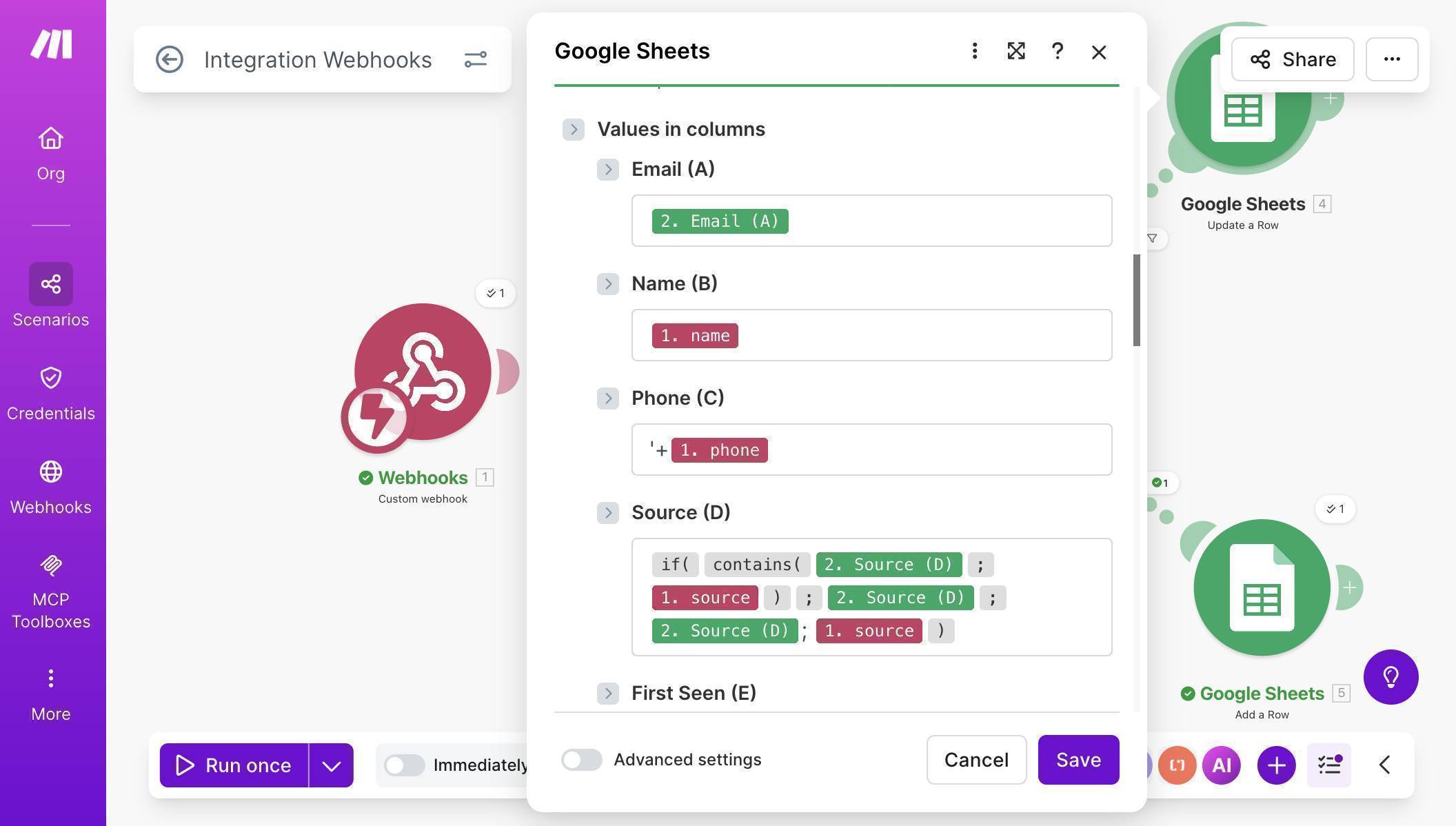 Update a Row field mapping — Email, Name, Phone and Source formula with contains logic to prevent duplicate sources
