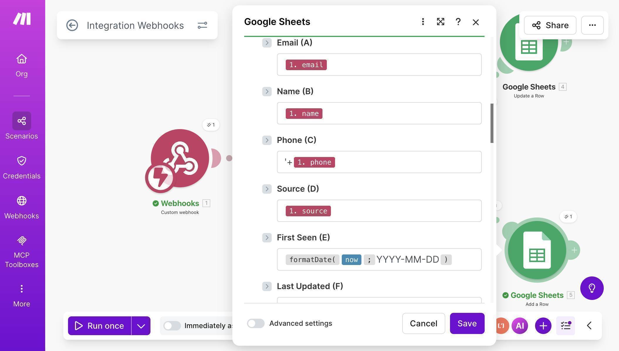 Add a Row field mapping — all fields mapped directly from webhook data with formatDate for dates