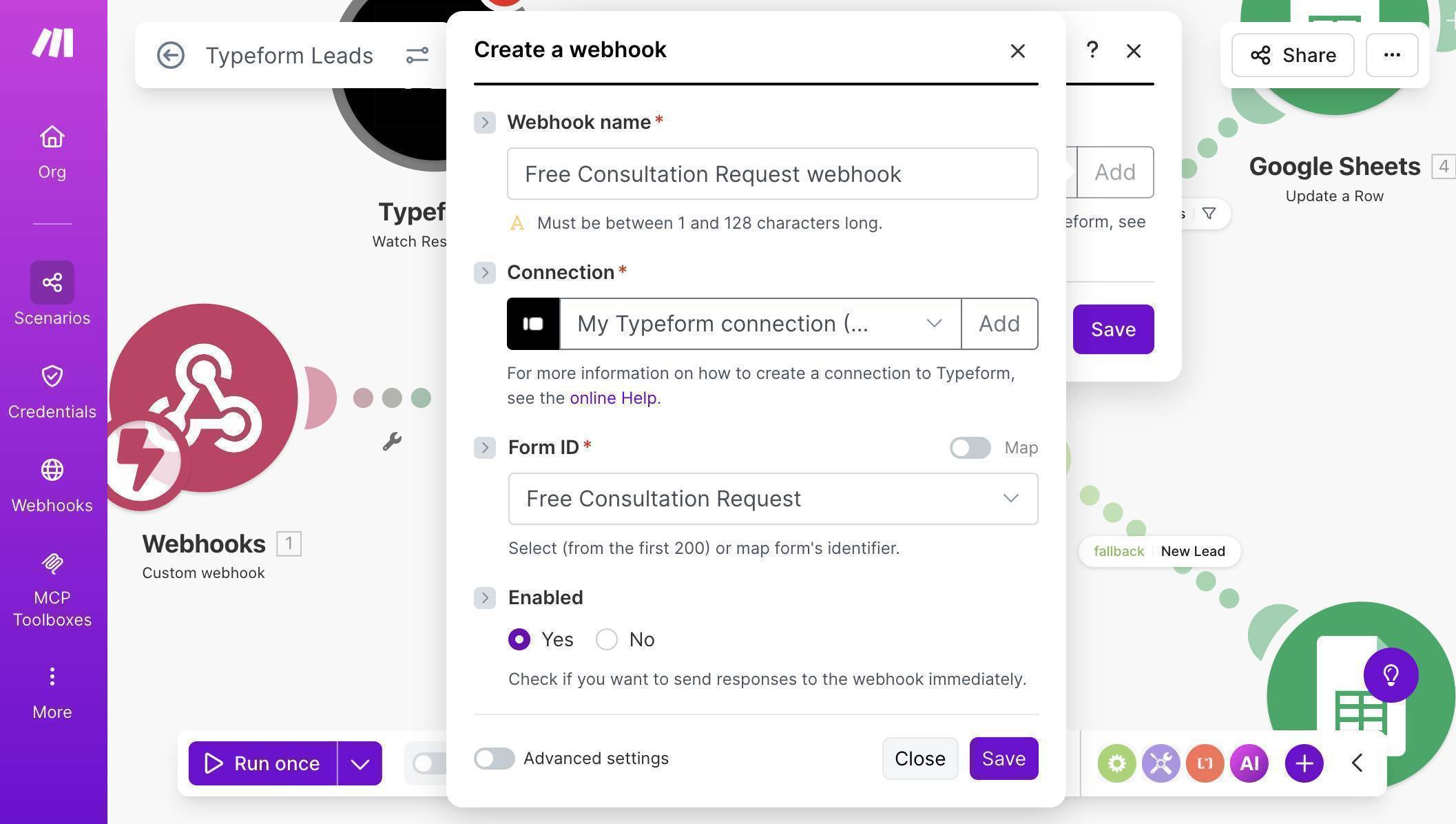 Typeform INSTANT webhook — connection established, Free Consultation Request form selected, webhook enabled