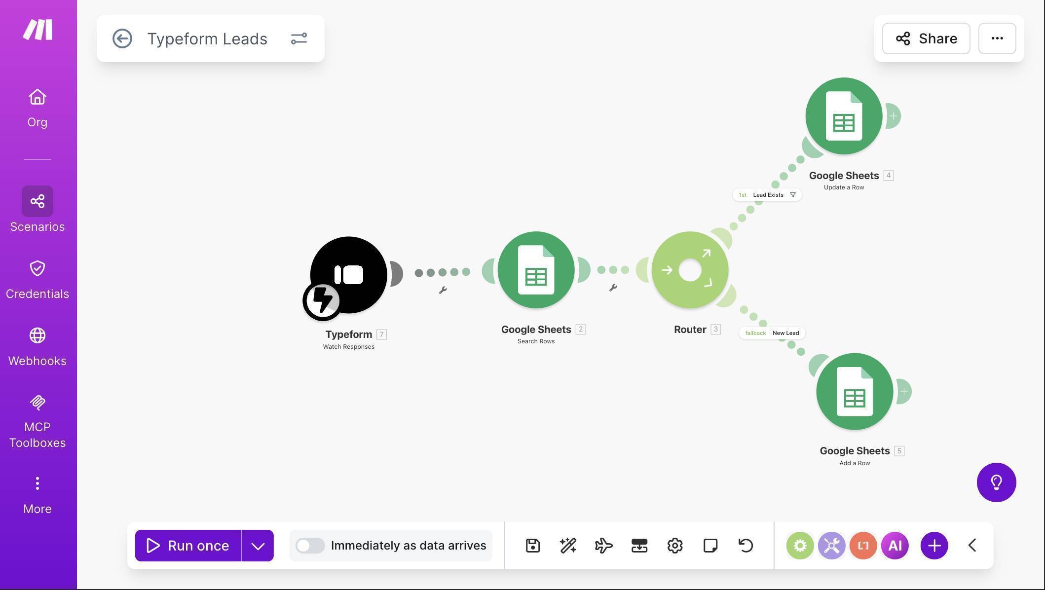 Complete Typeform scenario — Typeform Watch Responses, Search Rows, Router with Update and Add branches