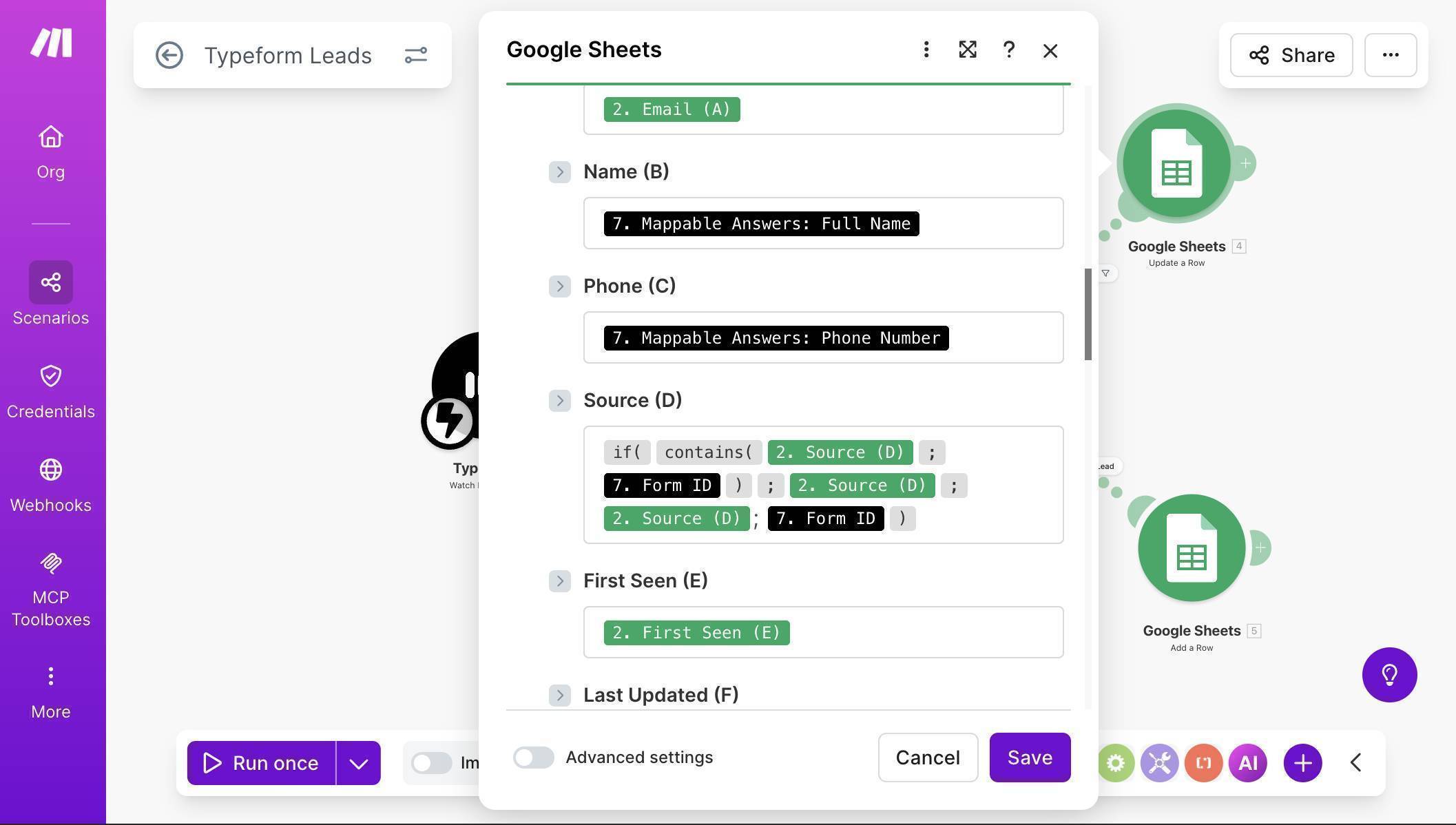 Typeform Update a Row mapping — Mappable Answers for Name and Phone, Source formula with hardcoded Typeform value