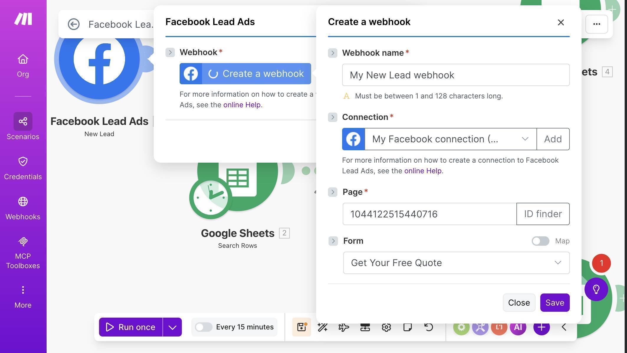 Facebook Lead Ads New Lead webhook — connection configured with Page and Get Your Free Quote form selected