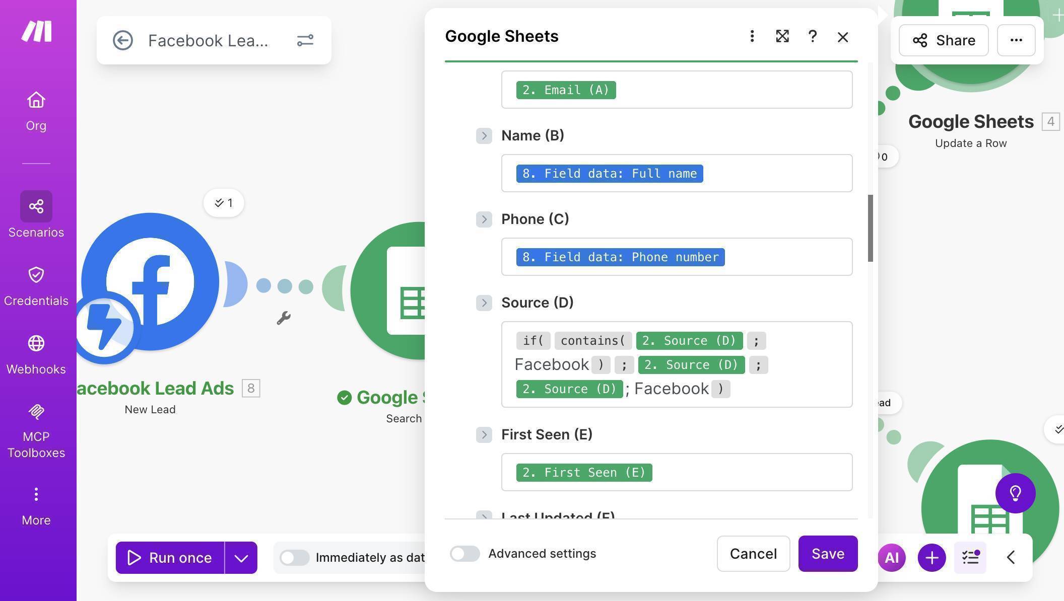 Facebook Update a Row mapping — Field data for Name and Phone, Source formula with hardcoded Facebook value