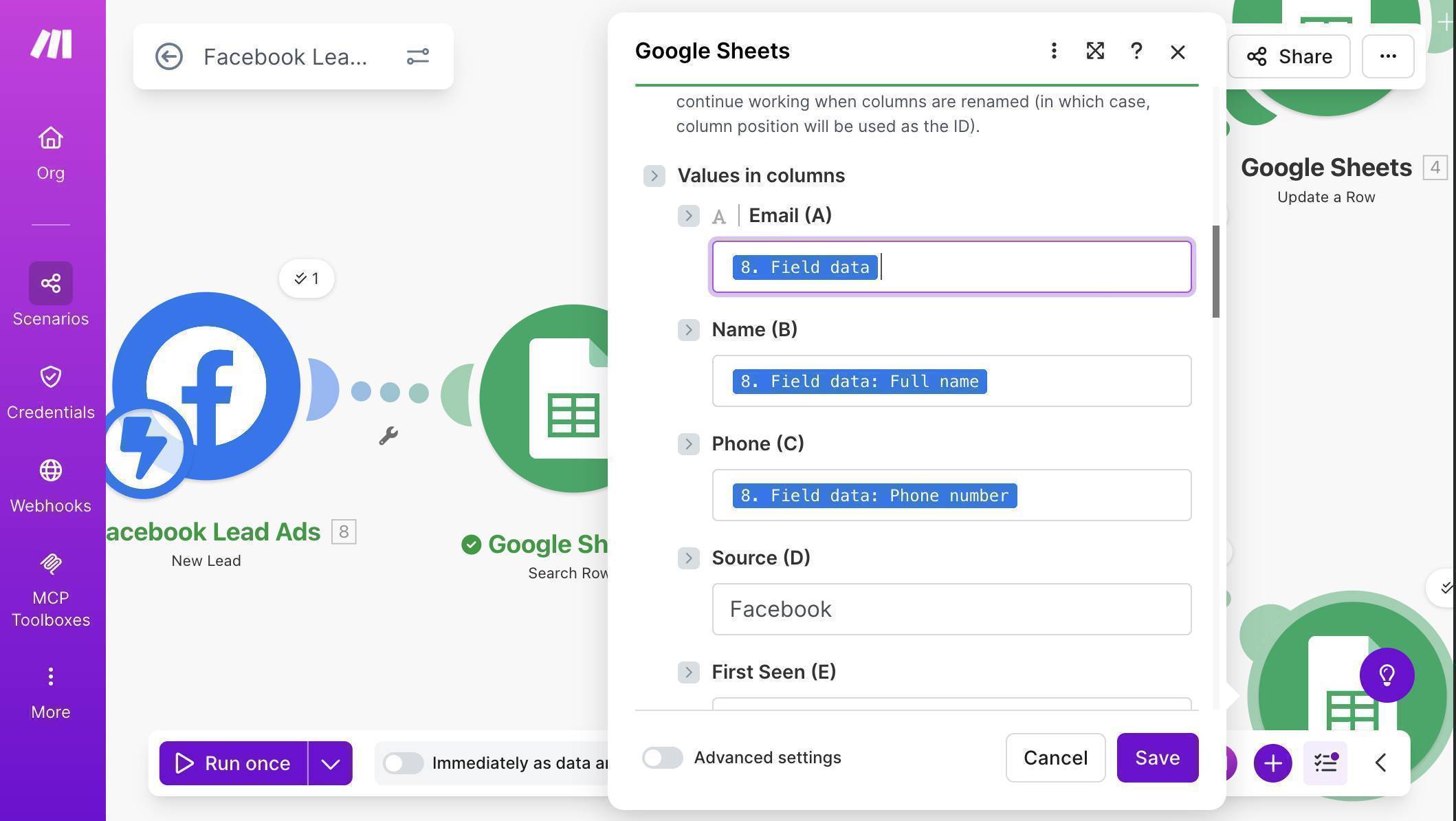 Facebook Add a Row mapping — Field data mapped to columns with hardcoded Facebook source