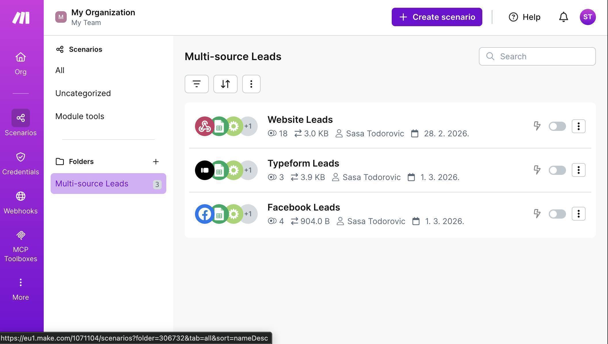 Make.com dashboard — Multi-source Leads folder with all three scenarios: Website Leads, Typeform Leads, Facebook Leads