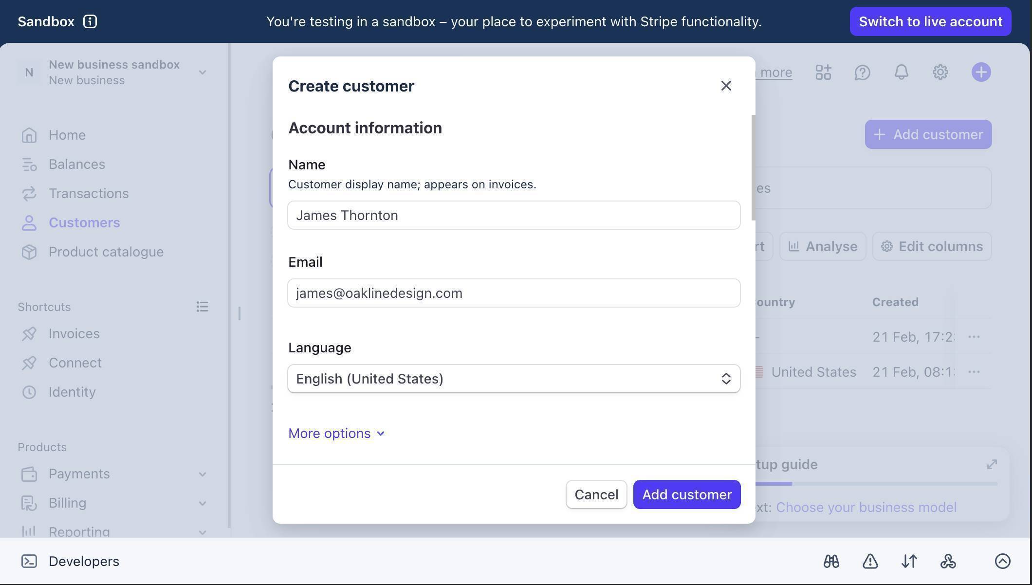 Make.com Stripe automation — Stripe sandbox Create customer dialog