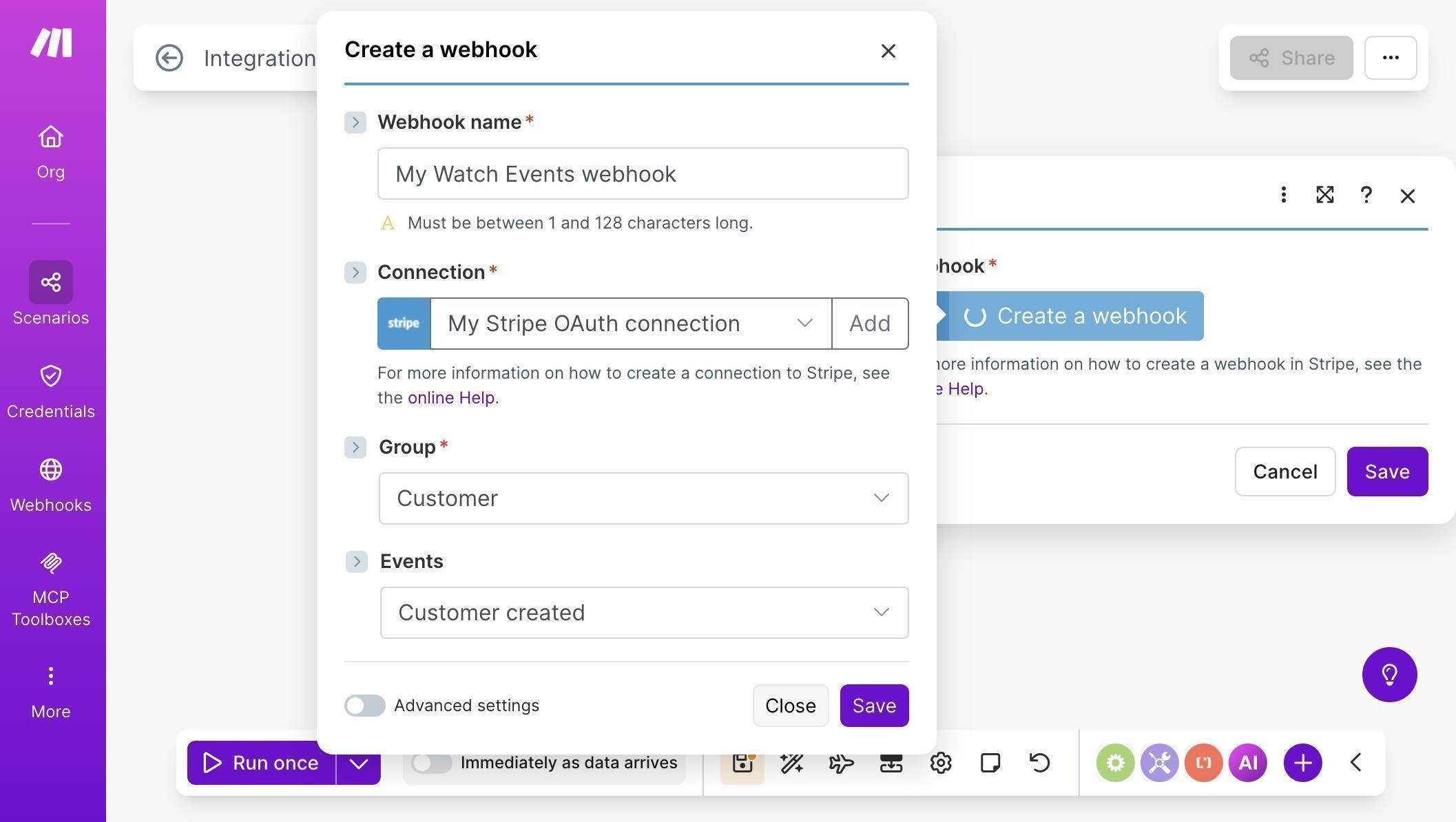 Make.com Stripe webhook — Group set to Customer, Event set to Customer created